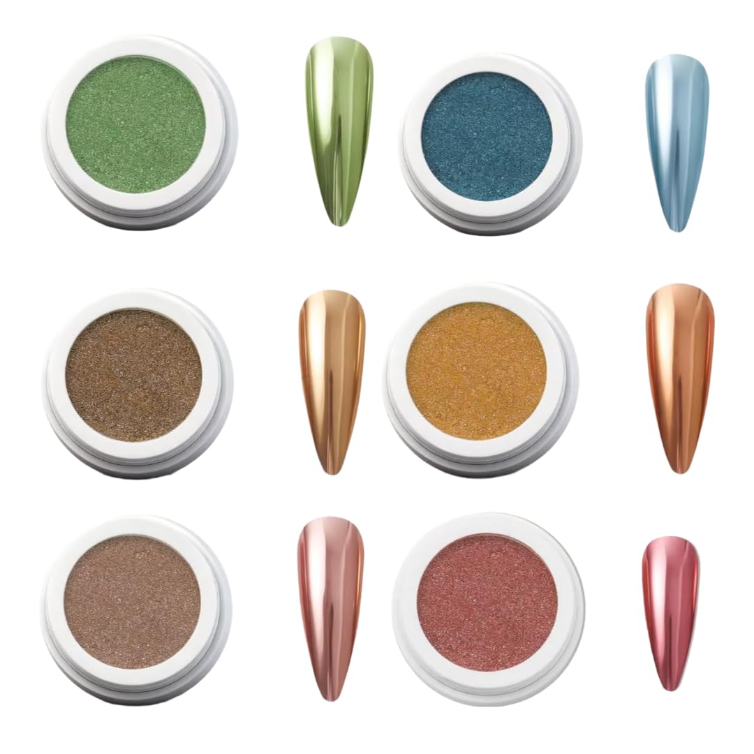 NAILWIND 6 Colors Chrome Nail Powder Set,Metallic Mirror Effect Nail Art Powder,Holographic Pigment Glitter Dust for Gel Polish Manicure Decoration with 6 Eyeshadow Sticks (04)