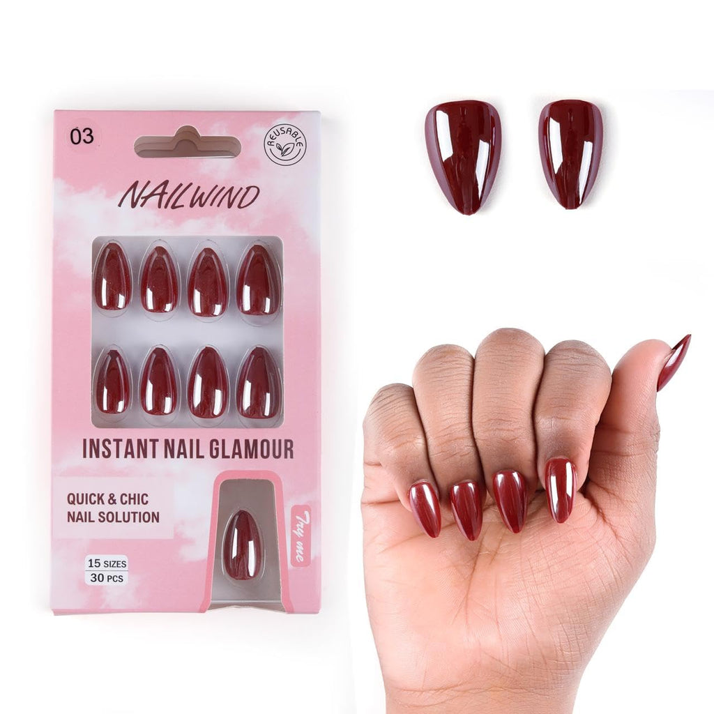 NAILWIND 30Pcs Short Almond chrome & Cat eye Nails, Press On Nails, Soft Gel Mirror Designs Glossy Nail's with Nail Glue, Reusable Glue On in 15 Sizes - 30PCS Stick On Nail Kit, Acrylic Nail for Women 03 - Dark Red - Image 2