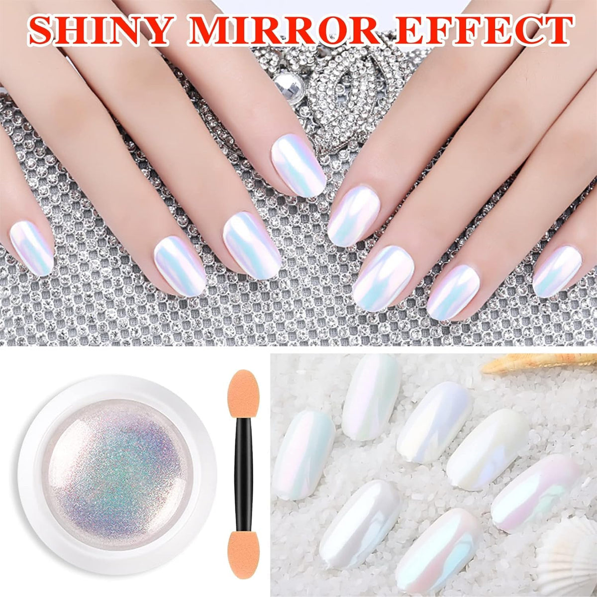 MY COLORS White Rainbow Chrome Nail Powder Set, Reflective Glitter Metallic Mirror Effect for Nails Art Design 3D Holographic Silver Rose Gold Pigment - Image 7