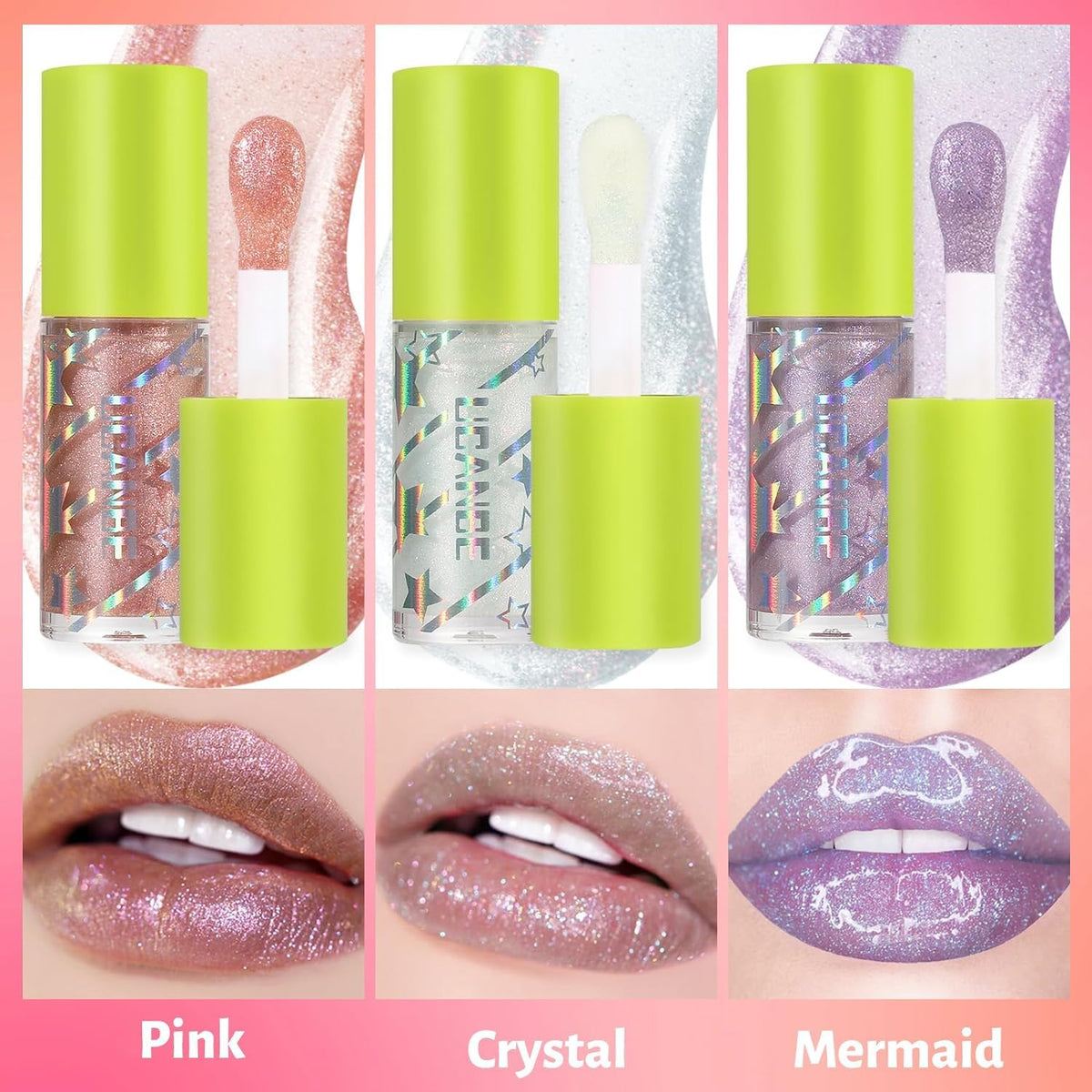 COSLUXE UCANBE 3 Color Hydrating Lip Glow Oil - Natural Plumping Lip Oil,Luxurious Non-Sticky Mositurizing Lip Top Gloss for All-Day Wear and Comfort (02- Pink/Crystal/Mermaid) - Image 3