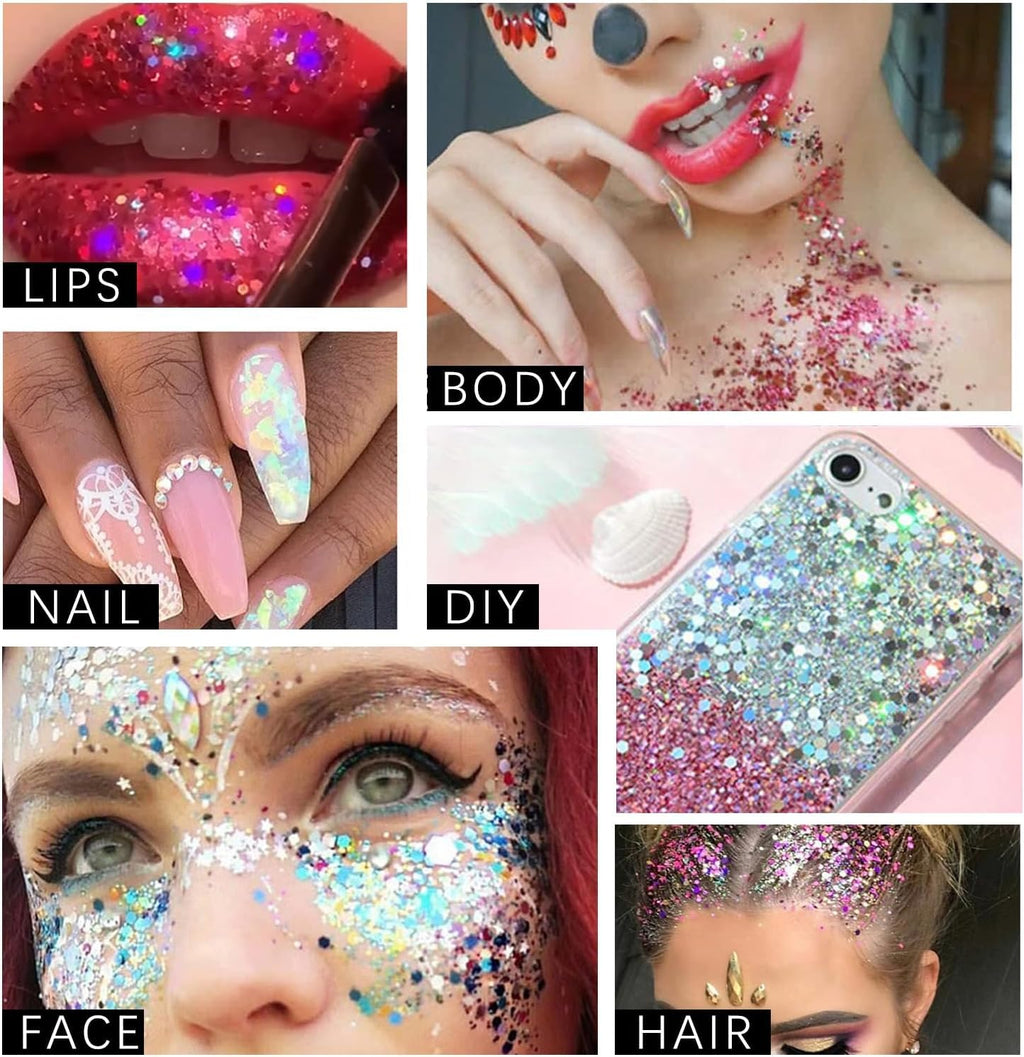 HUDAMOJI 6 Color Body Glitter Gel Mermaid Face Chunky Glitter Sequins for Eye Lip Hair Nail Sparkling Holographic Shimmer Laser Glitters Makeup for Singer Concerts Music Festival Party - Image 7