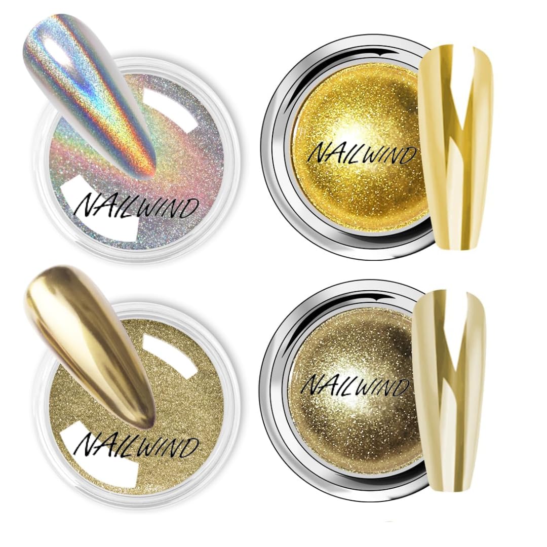 NAILWIND Chrome Nail Powder | Mirror Effect Chrome Powder for Nails Glitter Long Lasting | Pearl Aurora Mermaid Nail Powder | Holo Pigment Nail Art DIY Design Decorattion (Gold, 4 PCS)