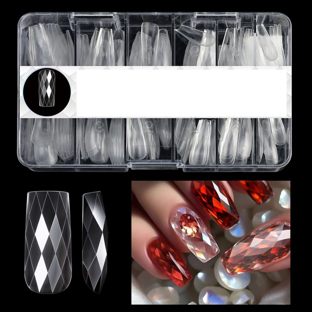 NAILWIND 3D Diamond Shape Designs False Nails, SQUARE 150 Pcs Soft Gel Tips Full Cover Acrylic Nail Tips, Nail Extension 14 Sizes Suitable for Nail Tips Art Salons ? Home CLEAR