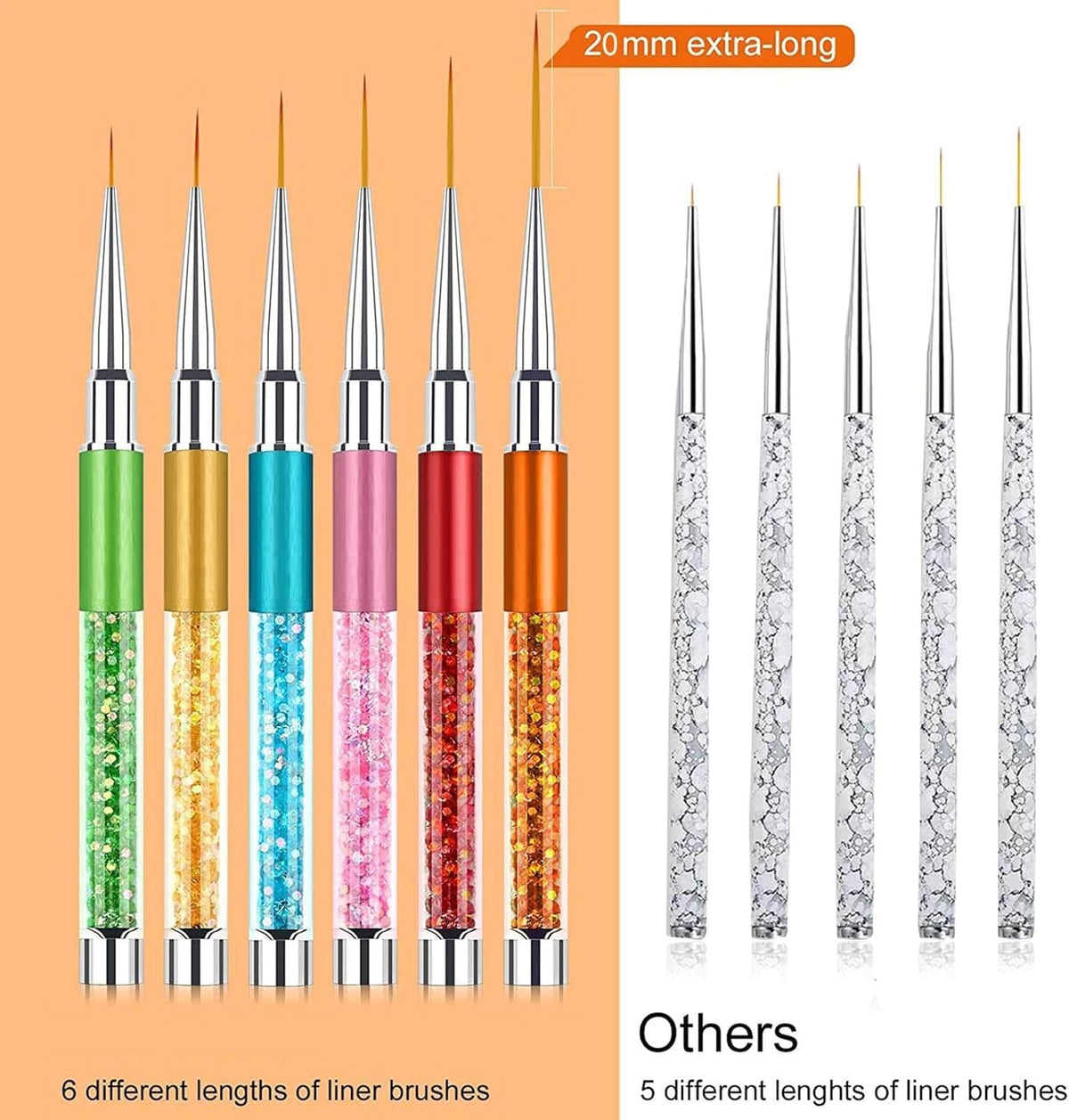 NAILWIND Nail Art Liner Brushes, 6Pcs Nail Gel Polish Painting Nail Design Brush Pen Set with Crushed Diamond Rhinestones Handle for Pulling Lines, Nail Art Design - Image 6