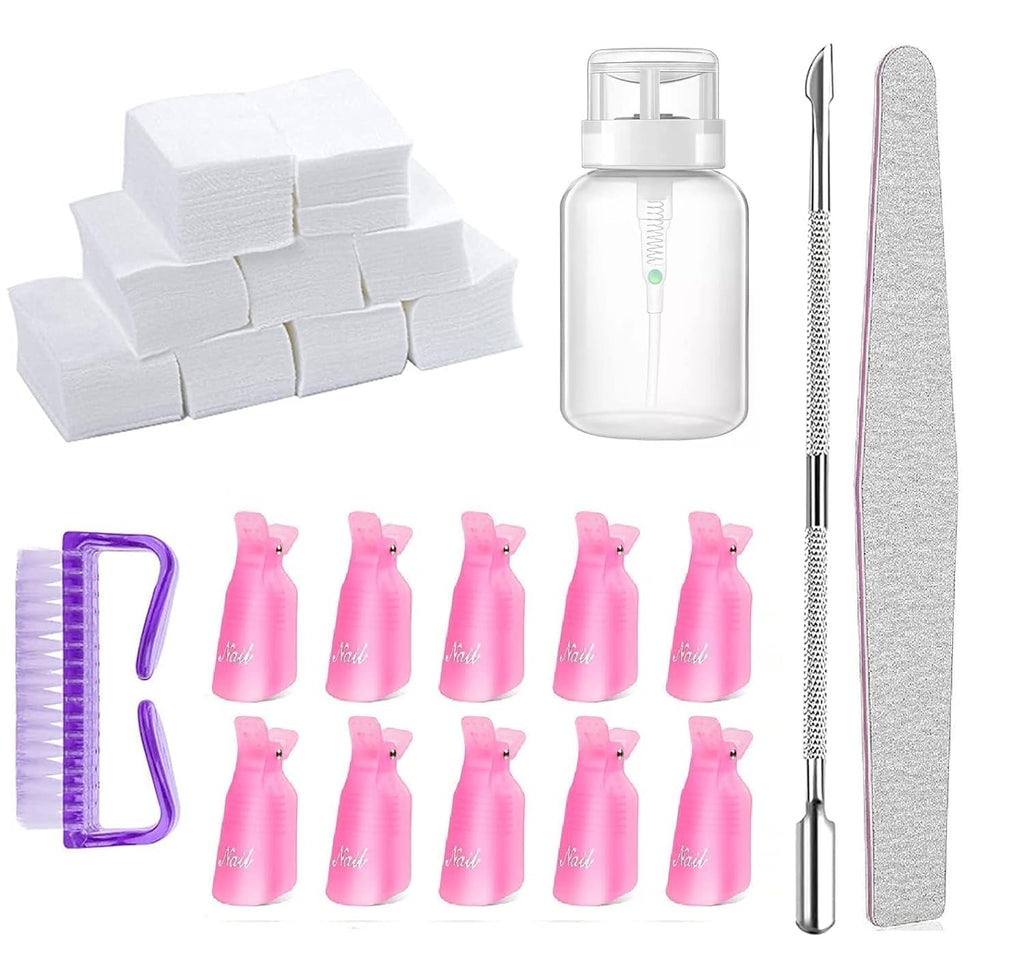 NAILWIND Nail Polish Gel Remover Tools Kit - 500 Nail Remover Cotton Pad,10 Pcs Soak Off Cap Clip,1 Nail File,1 Pcs Press Bottle, Nail Brush, Cuticle Pusher Tools Kit