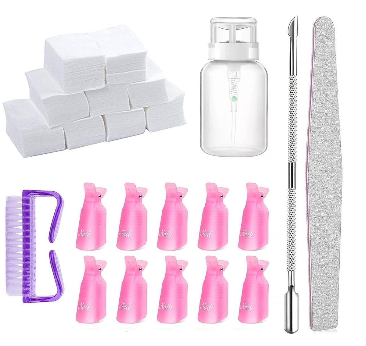 NAILWIND Nail Polish Gel Remover Tools Kit - 500 Nail Remover Cotton Pad,10 Pcs Soak Off Cap Clip,1 Nail File,1 Pcs Press Bottle, Nail Brush, Cuticle Pusher Tools Kit