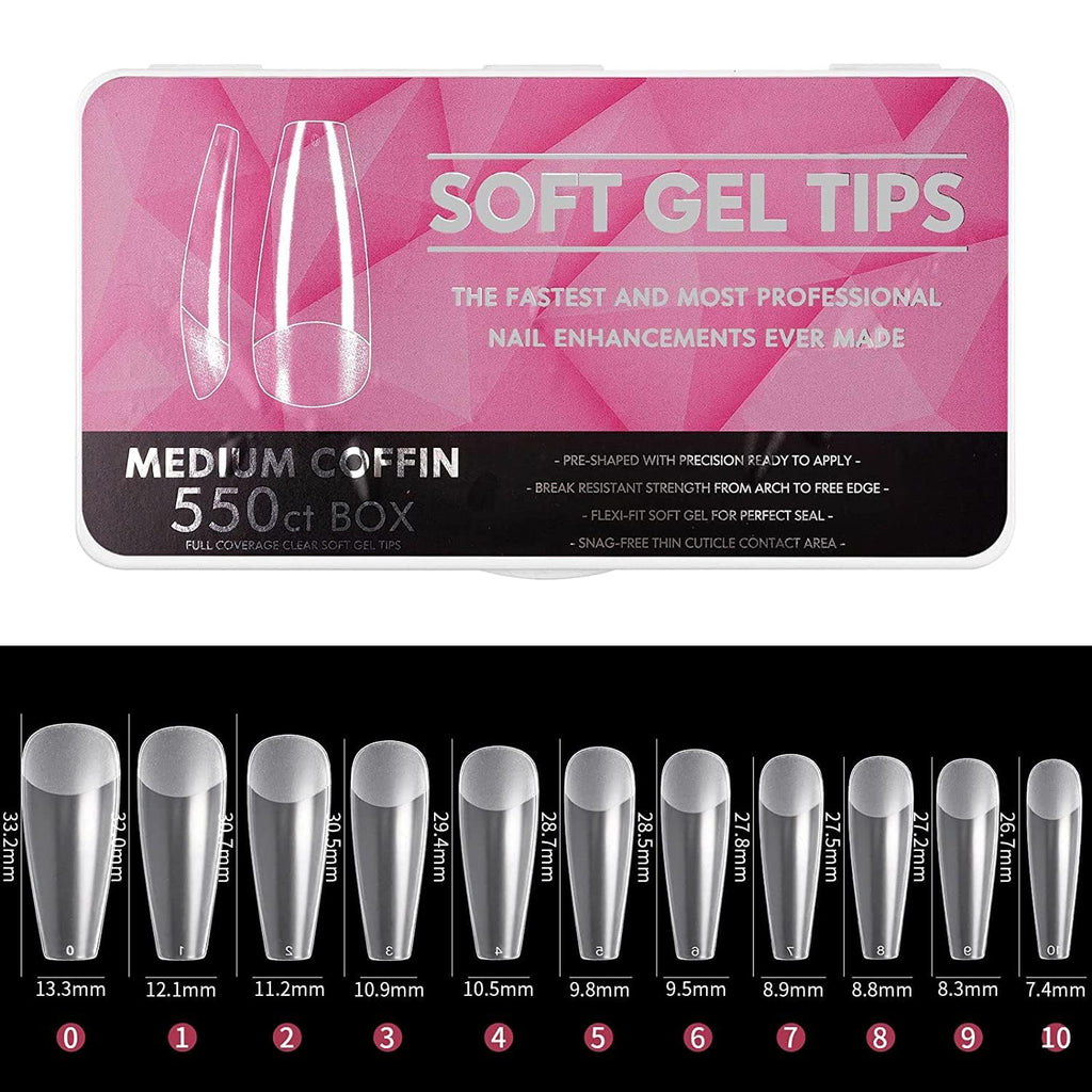 NAILWIND Nail Tips,soft Gel Full Cover Nails, Clear Acrylic Nail Tips Artificial False Nails with Box Fake Nail Extension for Nails Salons DIY (M - Coffin full, 550 pcs)