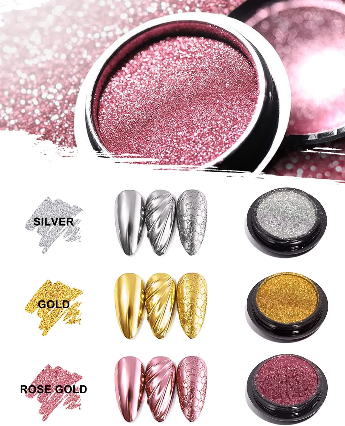 NAILWIND Colors Chrome Nail Powder Set, Reflective Glitter Metallic Mirror Effect for Nails Art Design 3D Holographic Silver Rose Gold Pigment (2- PCS, Gold - Silver) - Image 3