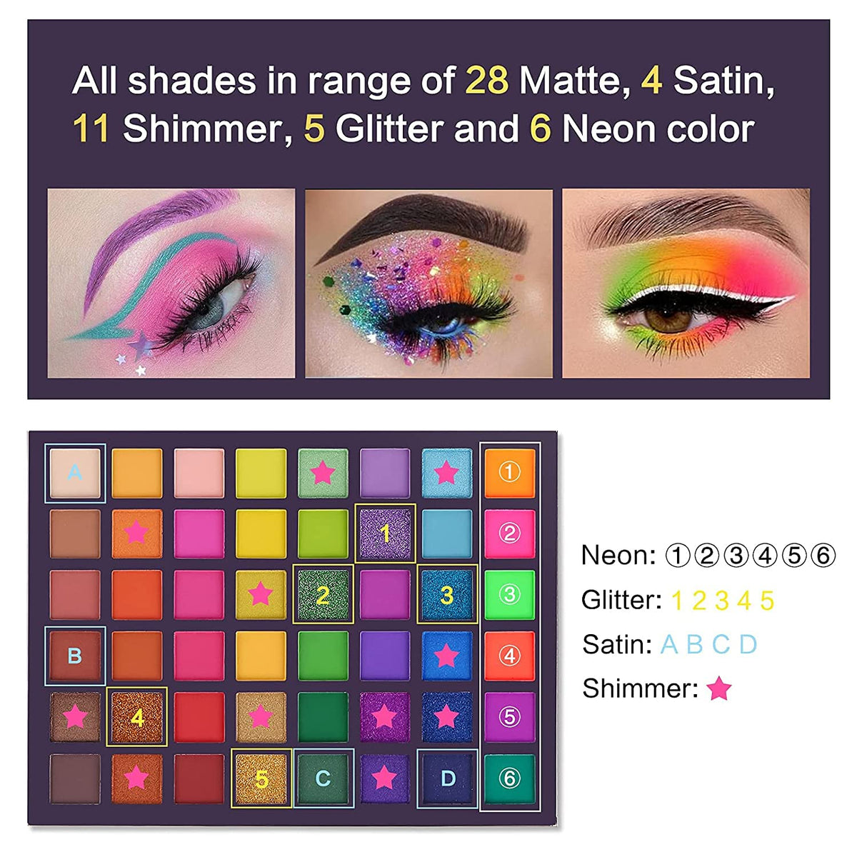 COSLUXE UCAN BE Exo tic Flavors Neon Eyeshadow Makeup Palette, 48 Colorful High Pigmented - Rainbow Glitter Eye Shadow Make Up Pallete, Multicolor, Shimmery, Satin & Matte Finish - Image 7