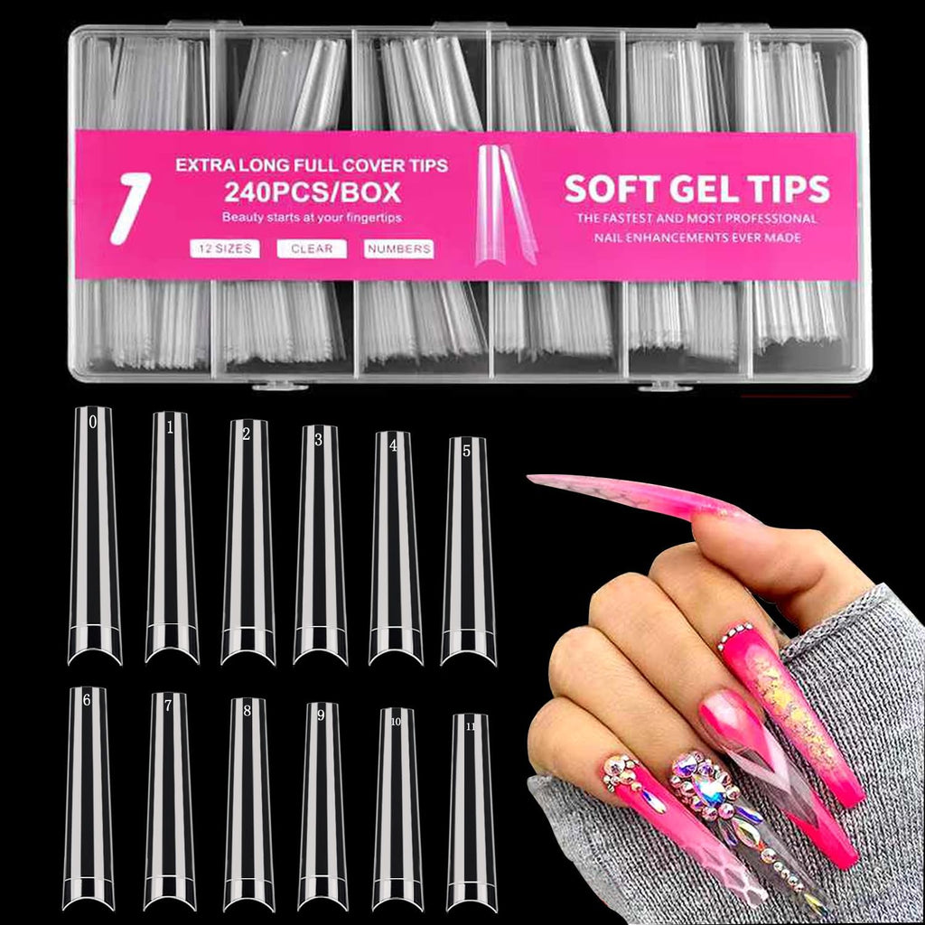 NAILWIND Extra Long Coffin Nail Tips No C Curve 240 Pieces XXXL Clear Acrylic Nails Tips, Half Cover Long Coffins Press on Nail, Flat Acrylic Nail Tips False Nails for Nail Salon Home DIY, 12 Sizes