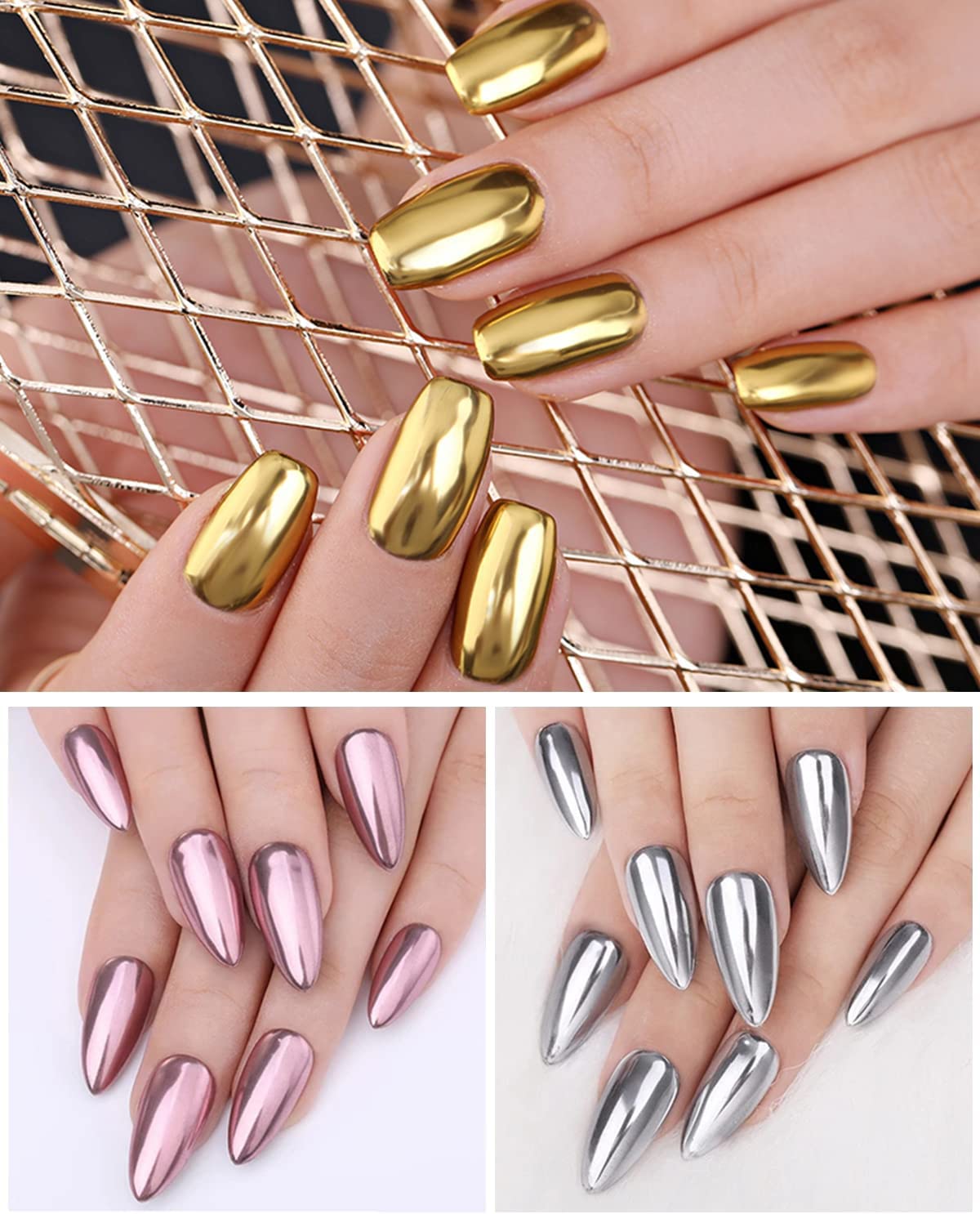 NAILWIND 3 Colors Chrome Nail Powder Set, Glitter Metallic Mirror Effect for Nails Art Design 3D Holographic Silver Rose Gold Pigment Powder - Image 7