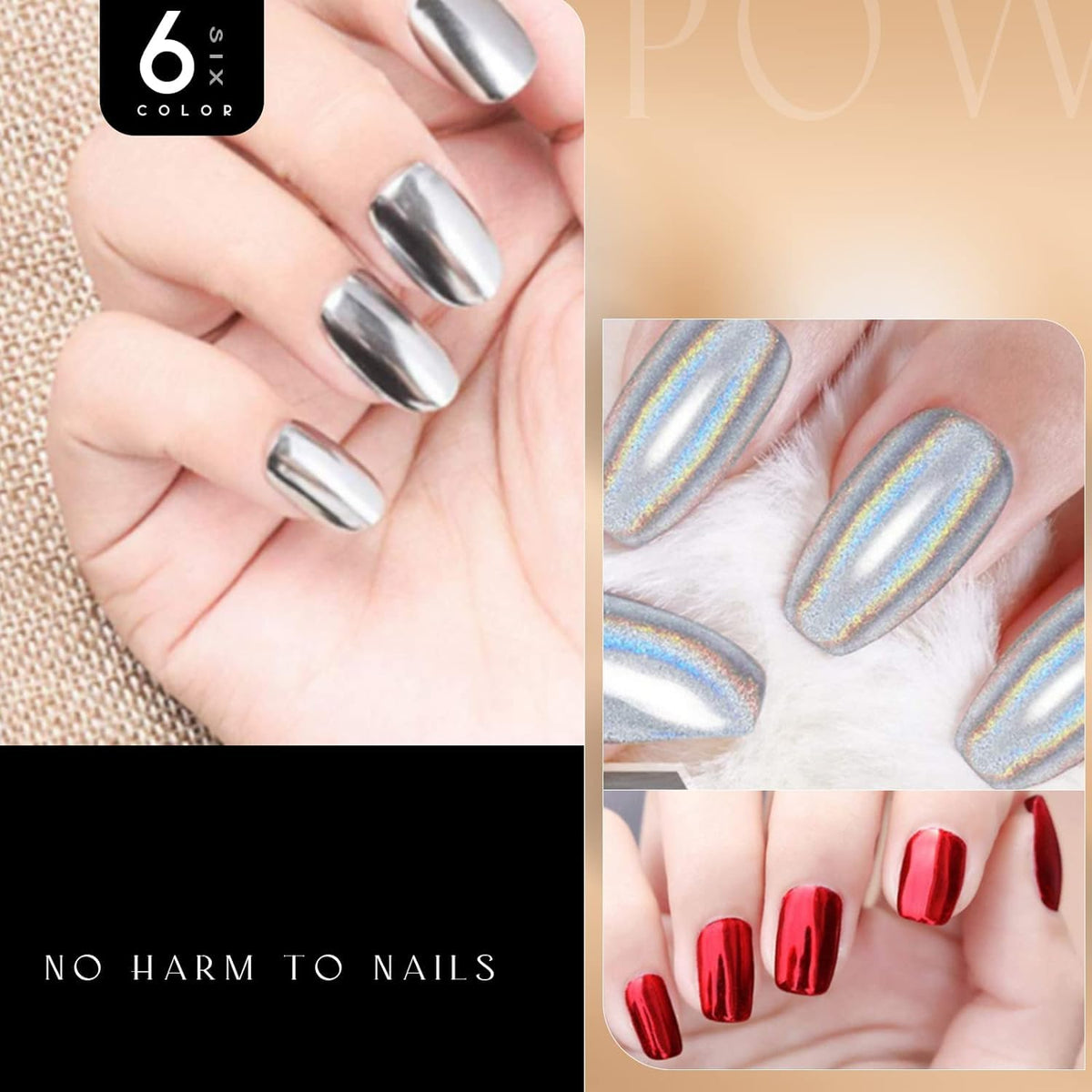 NAILWIND 6 Colors Chrome Nail Powder Set,Metallic Mirror Effect Nail Art Powder,Holographic Pigment Glitter Dust for Gel Polish Manicure Decoration with 6 Eyeshadow Sticks (04) - Image 5