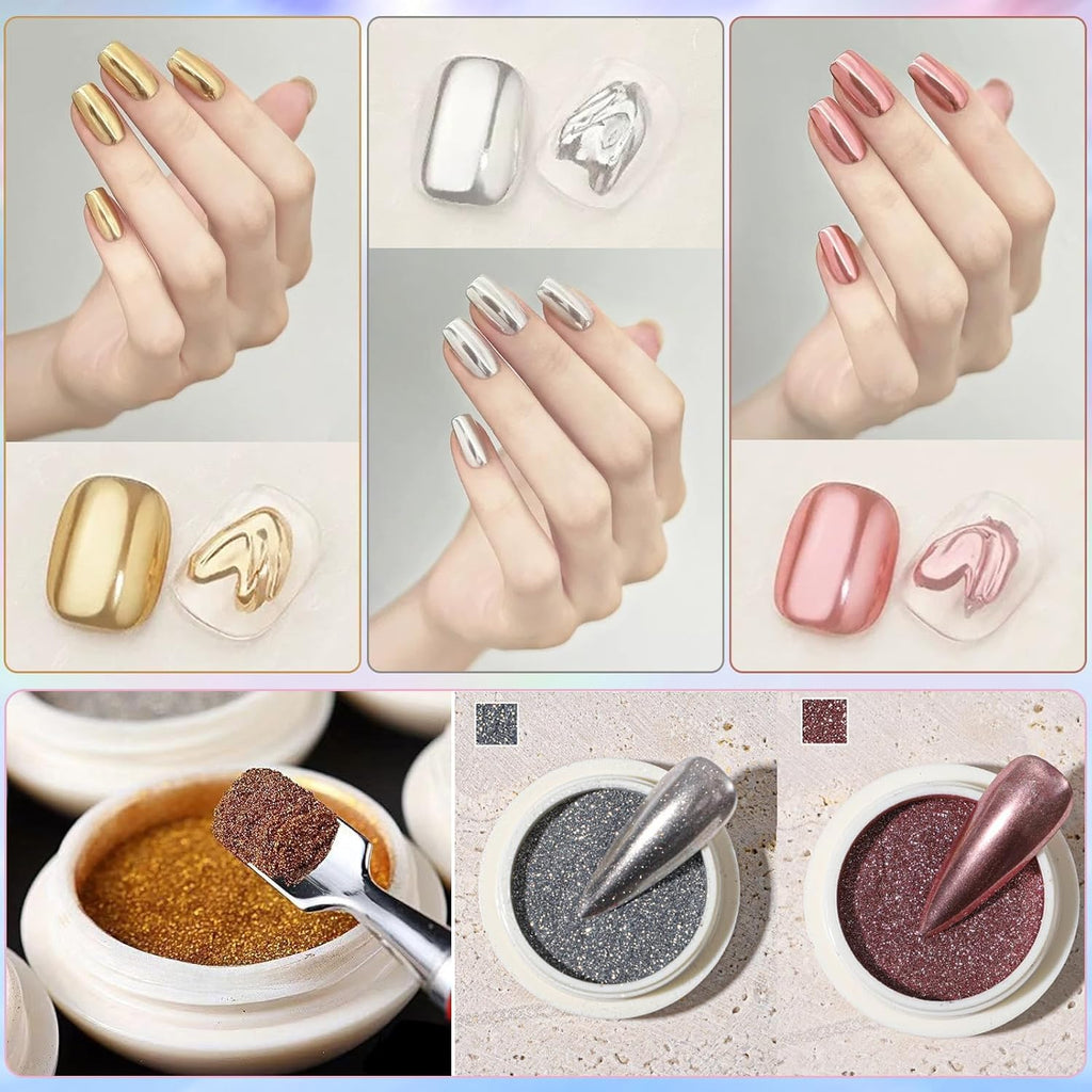 NAILWIND 3 Colors Chrome Nail Powder 6 Pcs, Mermaid Powder - Silver Rose Gold nail Chrome powders Mirror Effect - Iridescent Nail Pigment powder - Nail Art for Gel Nails - Image 4
