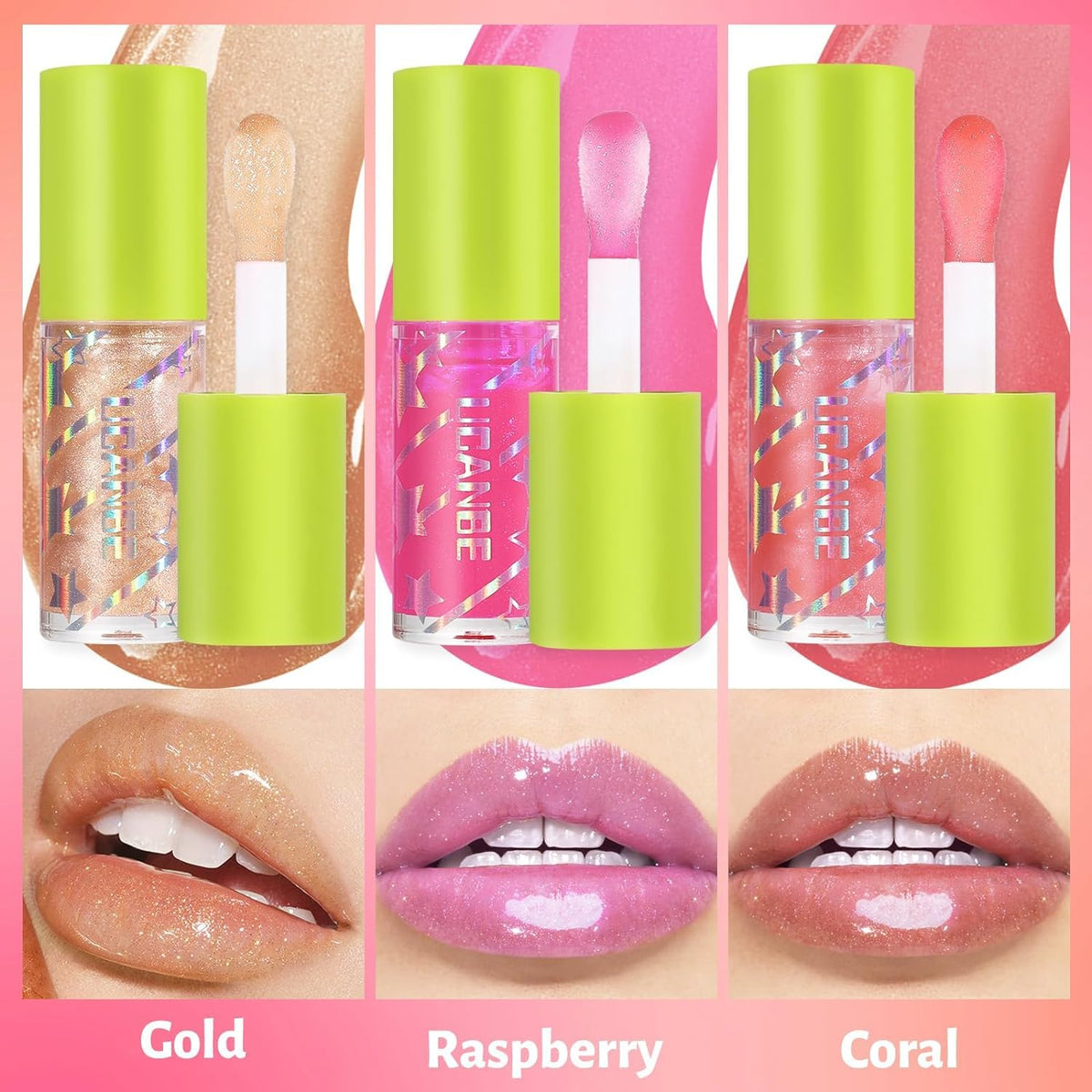 COSLUXE UCANBE 3 Color Hydrating Lip Glow Oil - Natural Plumping Lip Oil,Luxurious Non-Sticky Mositurizing Lip Top Gloss for All-Day Wear and Comfort (03- Coral/Gold/Raspberry) - Image 3