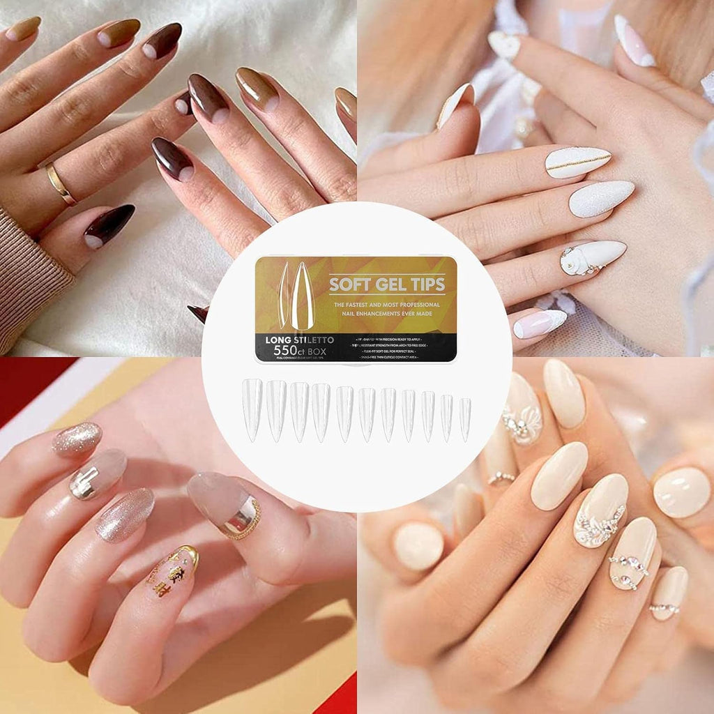 NAILWIND Long Coffin Nail Tips, Full Cover Clear Soft Gel Tips, False Nail Tips for Acrylic Nails Extension with Box, Nail Art Salons DIY Art Long Stiletto, 550 pcs - Image 2