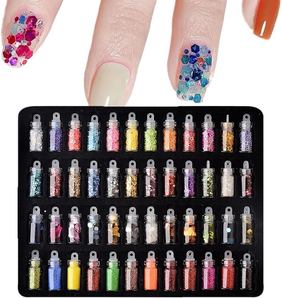 NAILWIND 48 in 1 Set of 3D Nail Art Glitter Bottle Acrylic Rhinestone Decoration Kit, 3D Nail Art,3D Glitter Set of Nail Nail Art Tool for Nail Decoration Multicolour - Set of 48 Bottles - Image 2