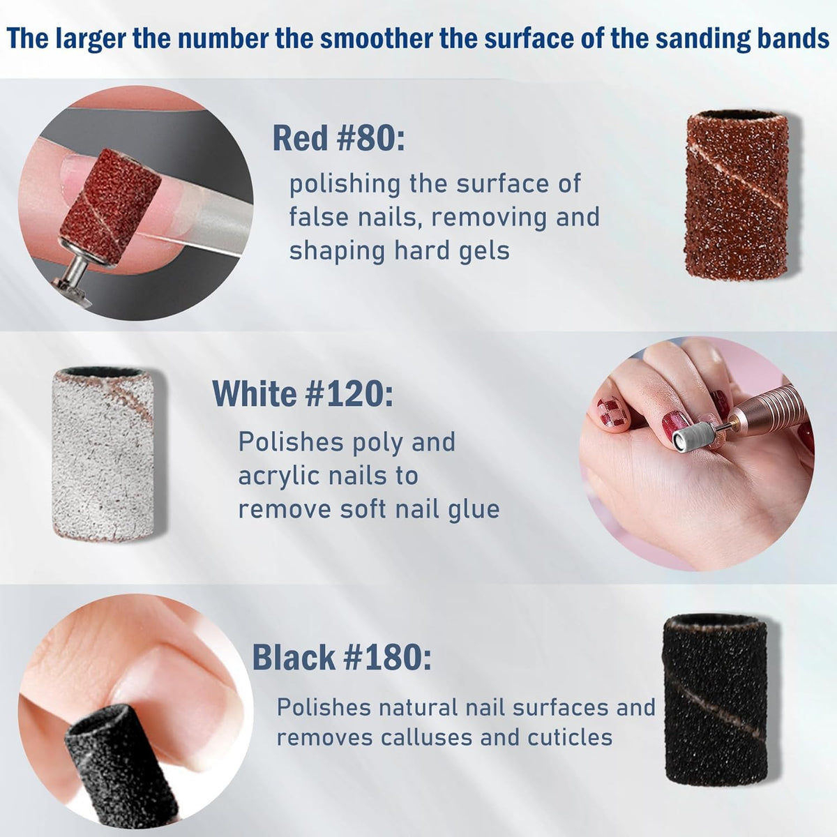 NAILWIND 75 Pcs Nail Drill Bit Sanding Bands, Coarse, Medium, and Fine Grit Nail File Sanding Bands, Includes 3/32-Inch Mandrel Drill Bit, for Acrylic Nails Gel Manicure, Pedicure, and Nail Salon - Image 3