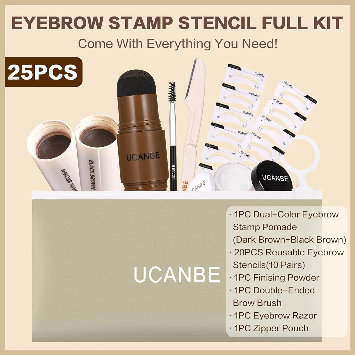 COSLUXE UCANBE 25 Eyebrow Stamp Stencil Kit With Dual-Color Eyebrow Stamp Pomade, Reusable Eyebrow Stencils,Finising Powder,Brush,Eyebrow Razor,Zipper Pouch,Waterproof Eye Brow (01-Blonde+Light Brown) - Image 3