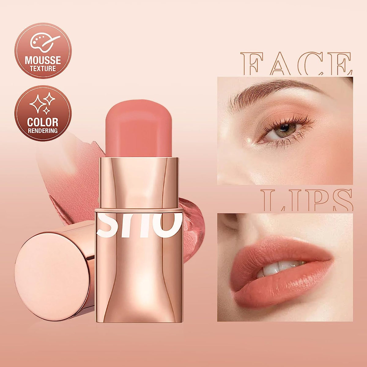 COSLUXE O TWO O Blush Stick for Cheeks Makeup,Waterproof Cream Blush Face Stick Multi-Use Lip and Cheek Tint, Lightweight Easy to Blend Natural Cream Blusher (539 - Glistening Peach) - Image 5
