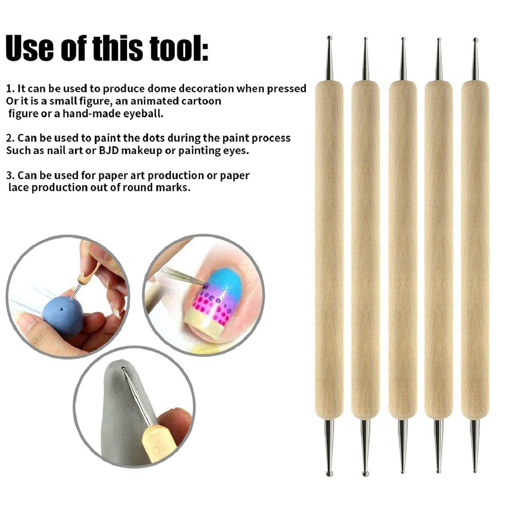 NAILWIND Dual-Ended Nail Art Brushes, Manicure Picking Pen for Rhinestones, Steel Balls, Pearls - DIY Gel Nail Making Dots Design Pen (Wooden Handle, 5 PCS) - Image 6