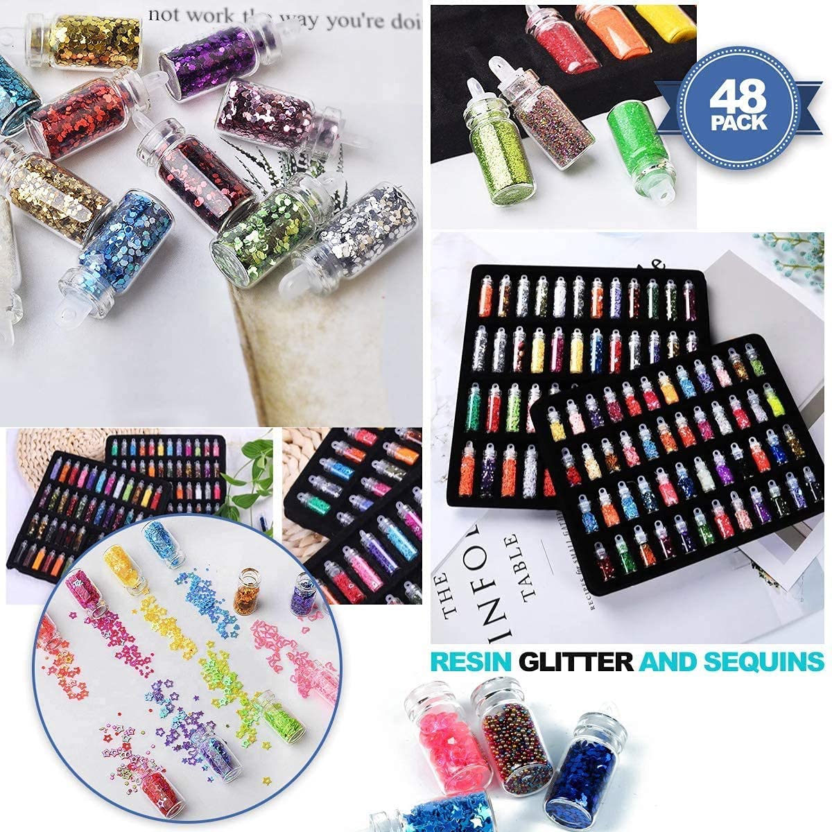 COSLUXE 3D Glitter Set of Nail Decoration,Nail Art Tool for Nail Decoration Multicolour - Set of 48 Bottles - Image 4