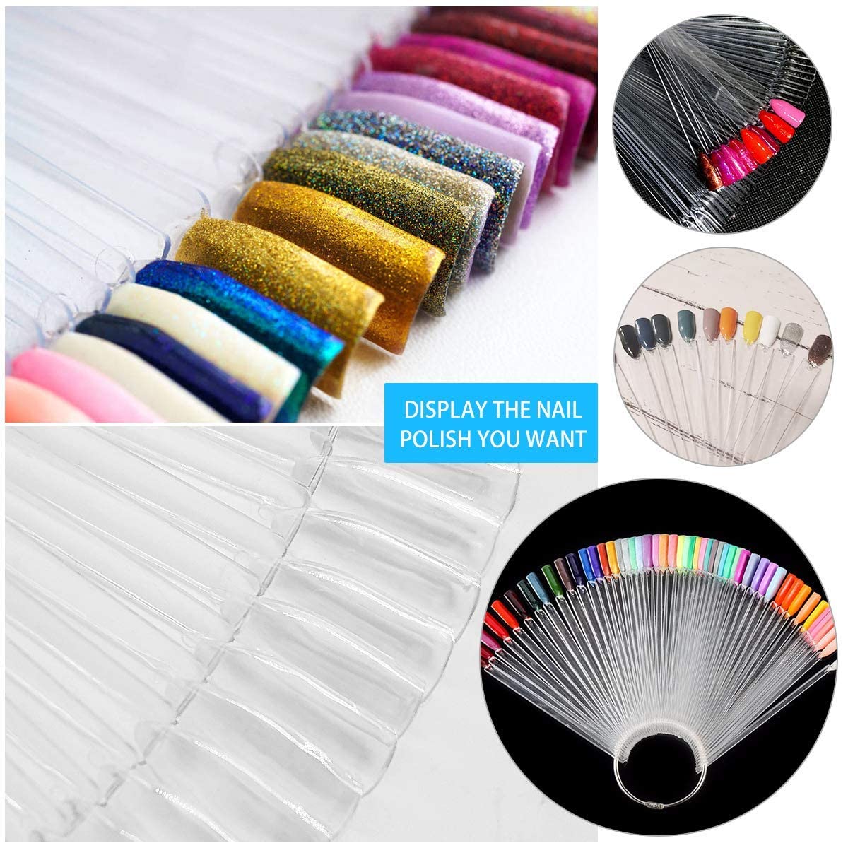 COSLUXE Fan-shaped Nail Art Tips Display Polish Board Display Practice Sticks Tool with Metal Screw Split Ring Holder (Clear, 50 Pcs set) - Image 4