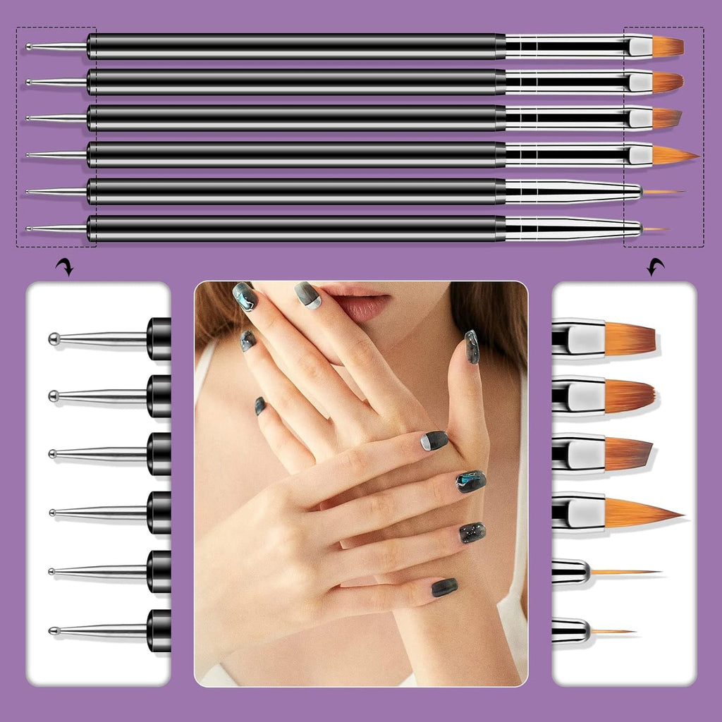 NAILWIND Nail Art Brush Set - 6pcs Double-End Nail Art Brushes Kit Professional Manicure Tools Kit with Painting Dotting Line Pen for Gel Polish Nail Designs Nail Carving French Nails - Image 9