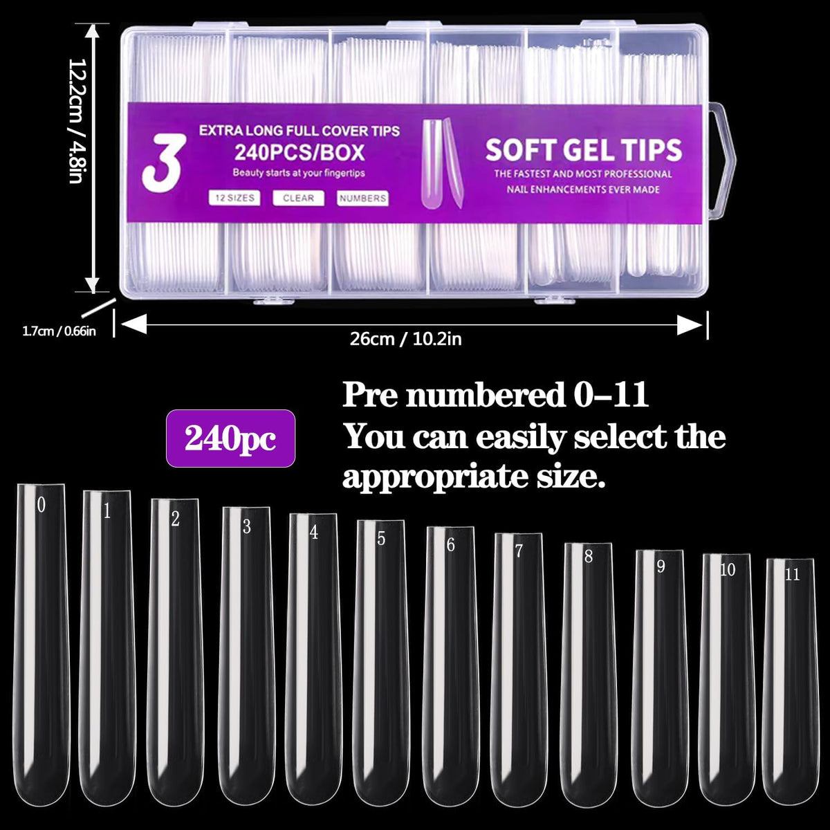 NAILWIND 3XL Square Nail Tips, 240PCS Clear Full Cover Artificial False Nails Tips, Extra Long Square No 3 C Curve Acrylic Nail Tips, XXXL Tapered Squares Fake Nails for Salons Home DIY Nail Art 12 Sizes - Image 6