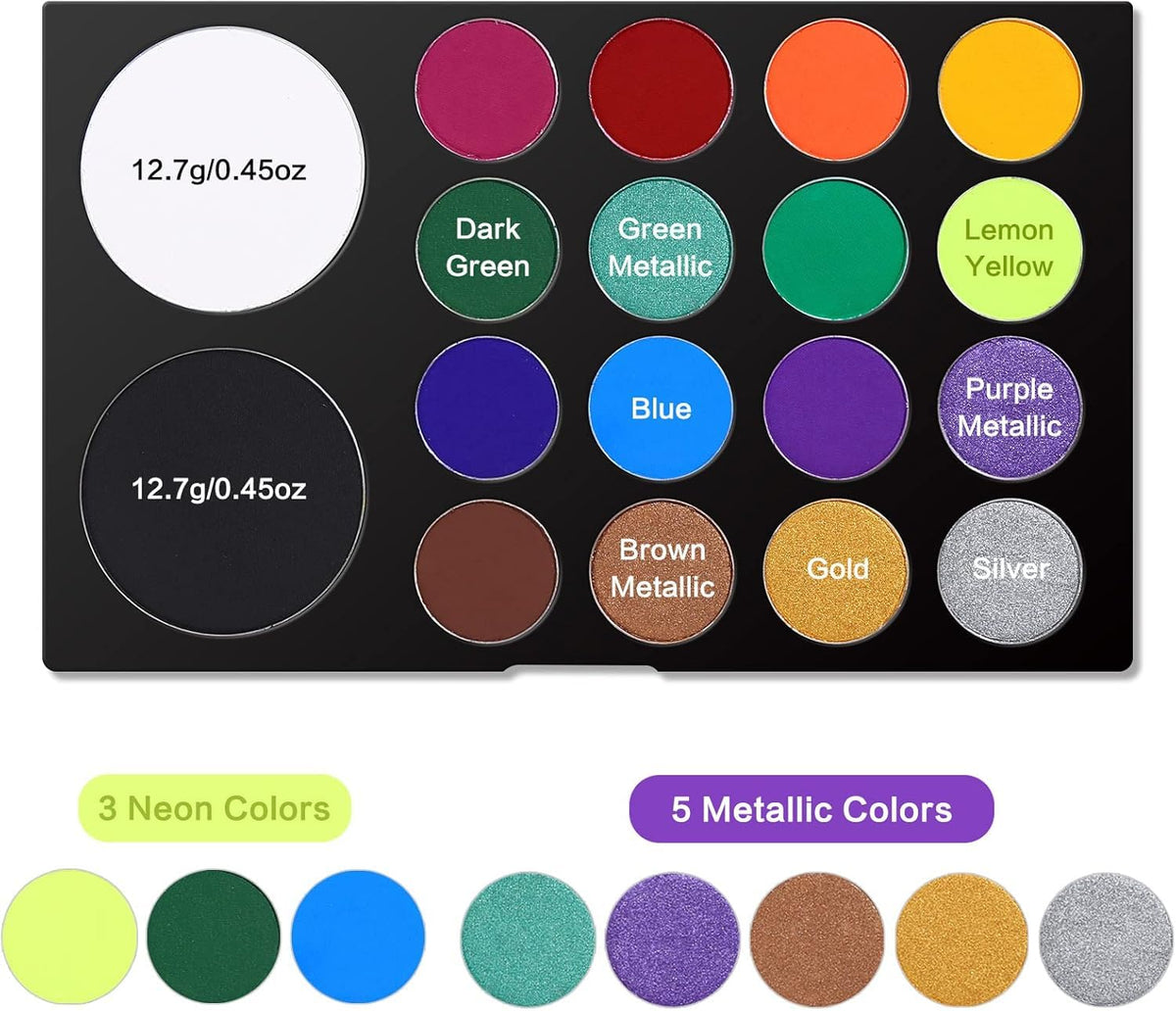 UCANBE Face Body Paint 18 Colors, Water Based Face Painting Kit with Large White Black & Neon Glow UV Facepaint SFX Makeup Palette for Halloween Party Costume Cosplay & Stage Make Up - Image 3