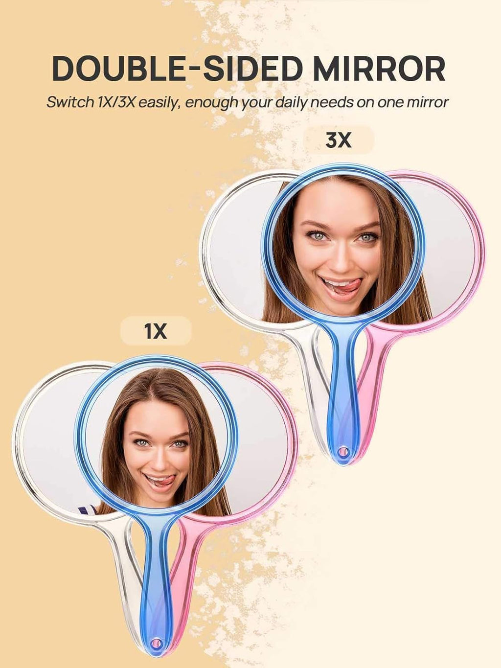 COSLUXE Double-Sided Handheld Mirror, 1X/3X Magnifying Mirror, Makeup Mirror with Handle Mirrors Rounded Shape (Multicoloured, Large) - Image 2
