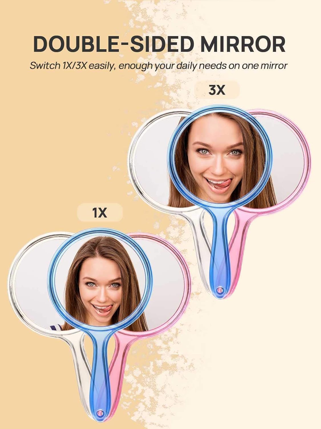COSLUXE Double-Sided Handheld Mirror, 1X/3X Magnifying Mirror, Makeup Mirror with Handle Mirrors Rounded Shape (Multicoloured, Medium) - Image 2