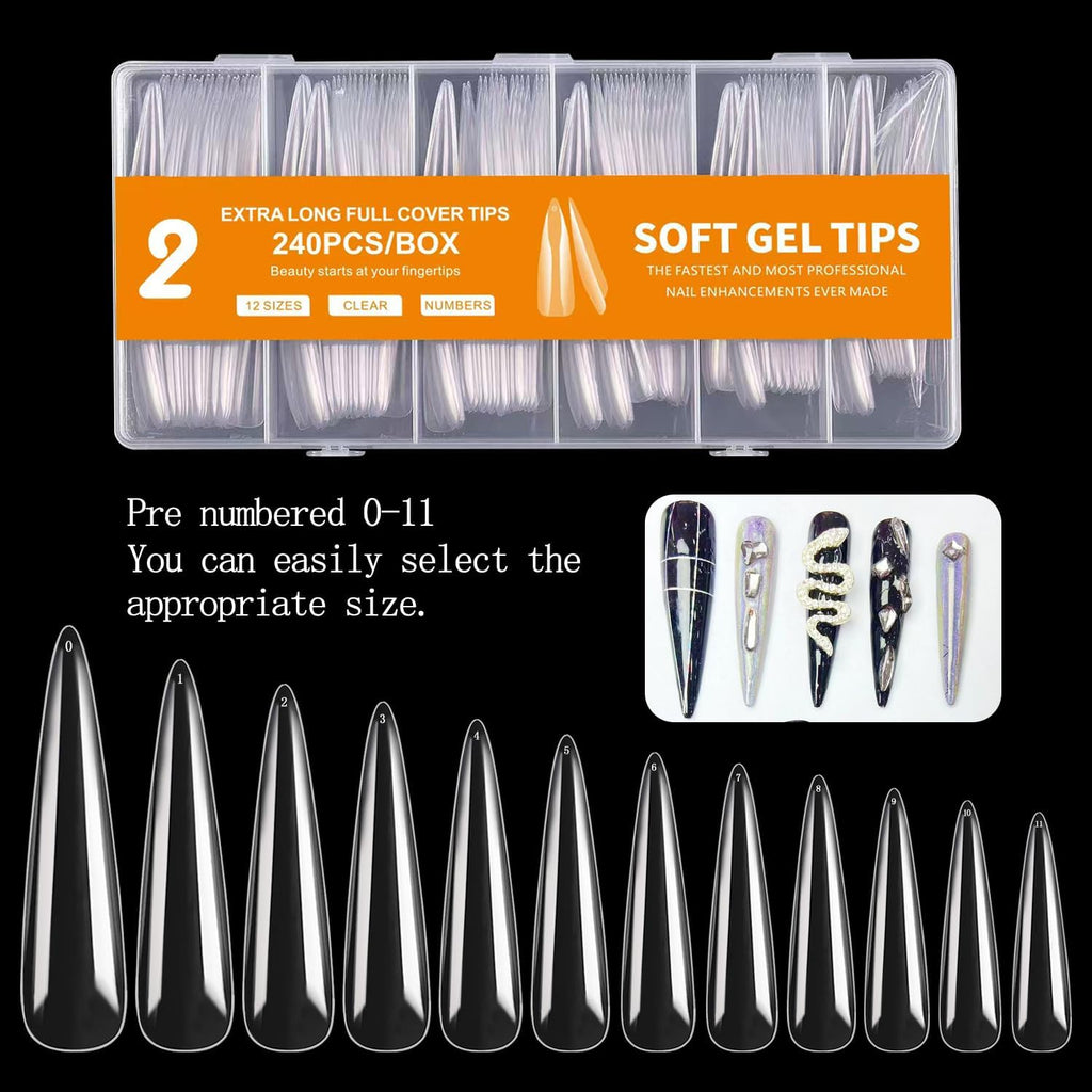 NAILWIND 240Pcs Extra Long Stiletto Nail Tips, 3XL Long Nail Tips Press On Nails, Full Cover No 2 C Curve Stiletto Nails Tips Clear Artificial Acrylic Nails Tips for Salons Home DIY 12 Sizes - Image 5