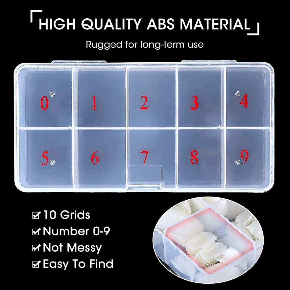 NAILWIND Nail Tip Box False Empty Nails Tips Organizer Storage, 10 Number Spaces Storage Case Container Nails Box Plastic Grid for Fingernails Crystal, Jewelry, Accessories WHITE, 1- PCS - Image 6