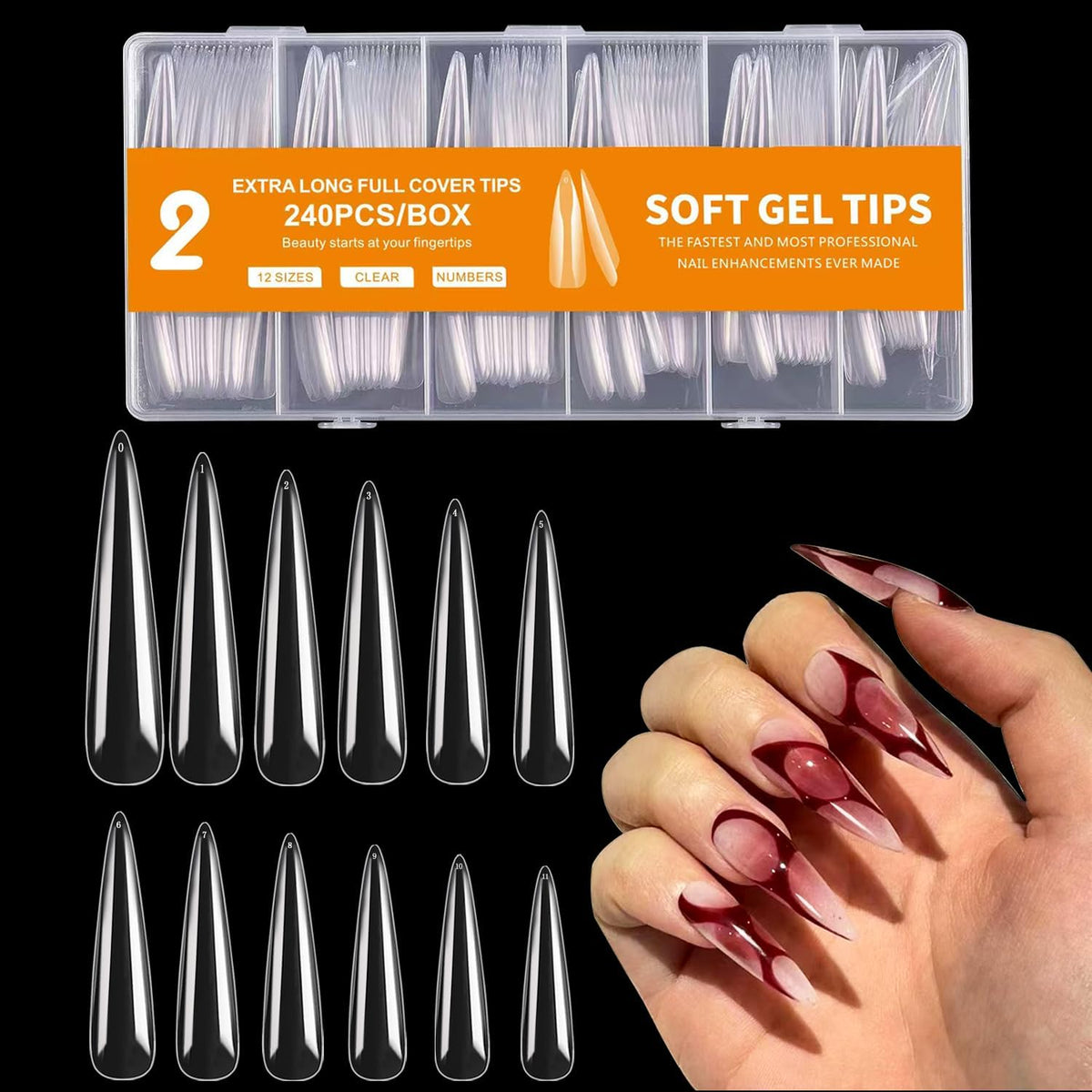 NAILWIND 240Pcs Extra Long Stiletto Nail Tips, 3XL Long Nail Tips Press On Nails, Full Cover No 2 C Curve Stiletto Nails Tips Clear Artificial Acrylic Nails Tips for Salons Home DIY 12 Sizes