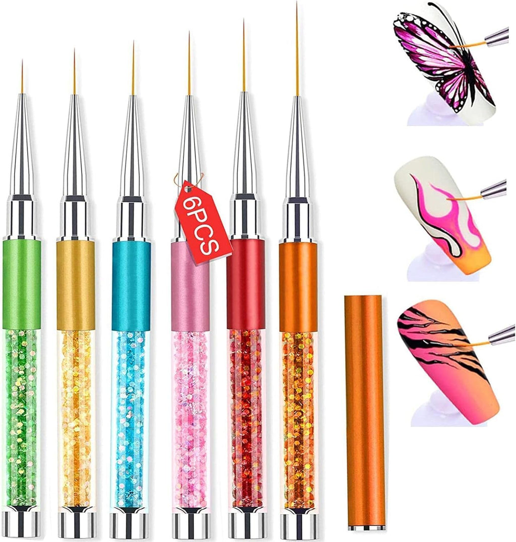 NAILWIND Nail Art Liner Brushes, 6Pcs Nail Gel Polish Painting Nail Design Brush Pen Set with Crushed Diamond Rhinestones Handle for Pulling Lines, Nail Art Design - Image 7