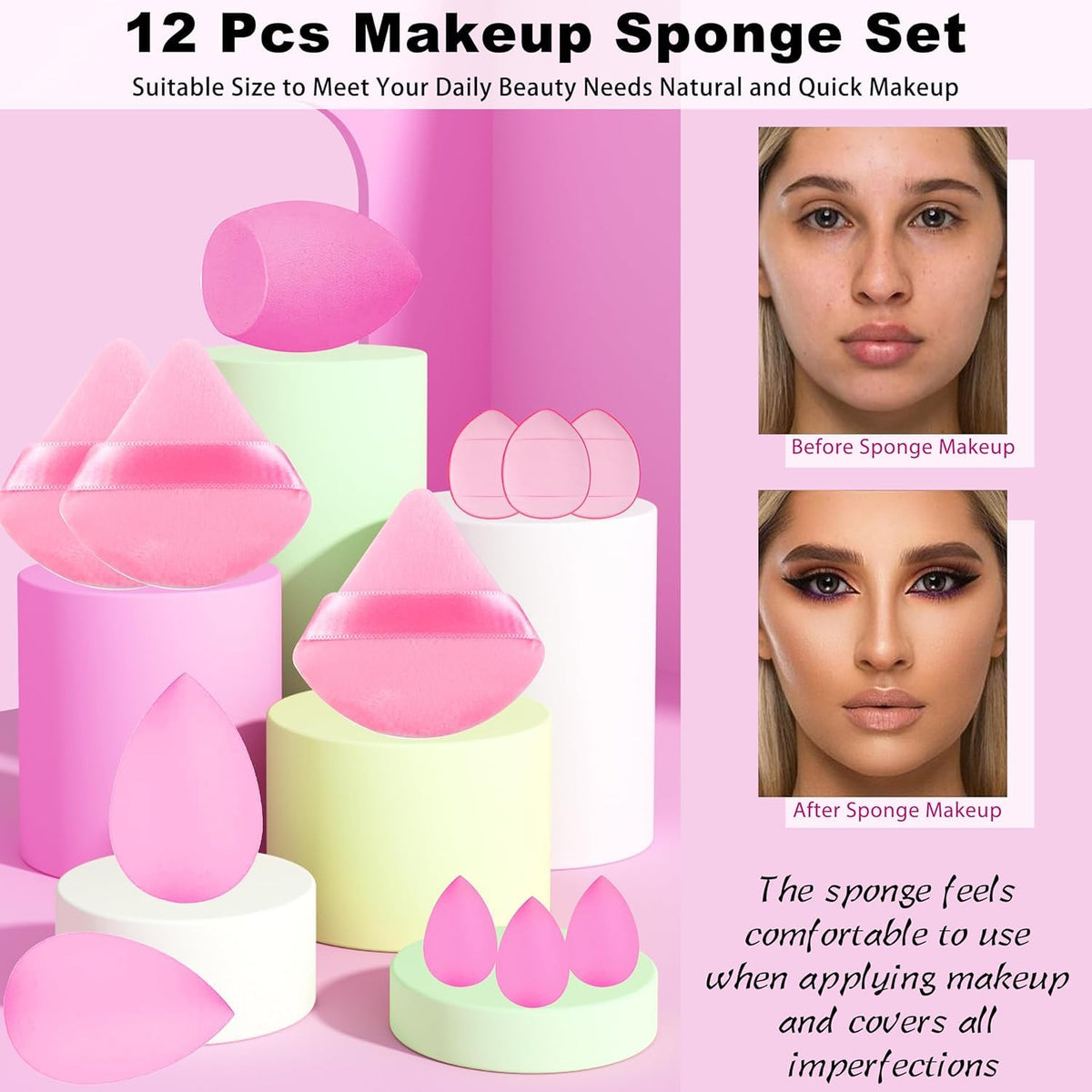 COSLUXE 12 Pcs Makeup Sponge Set, 3 Beauty Blender Sponge, 3 Mini Makeup Sponge & 3 Triangle Puff Set, 3 Finger Puff Mini Makeup Sponges for Foundation, Liquid, Cream, Powder, Beauty Gift Set - Image 4