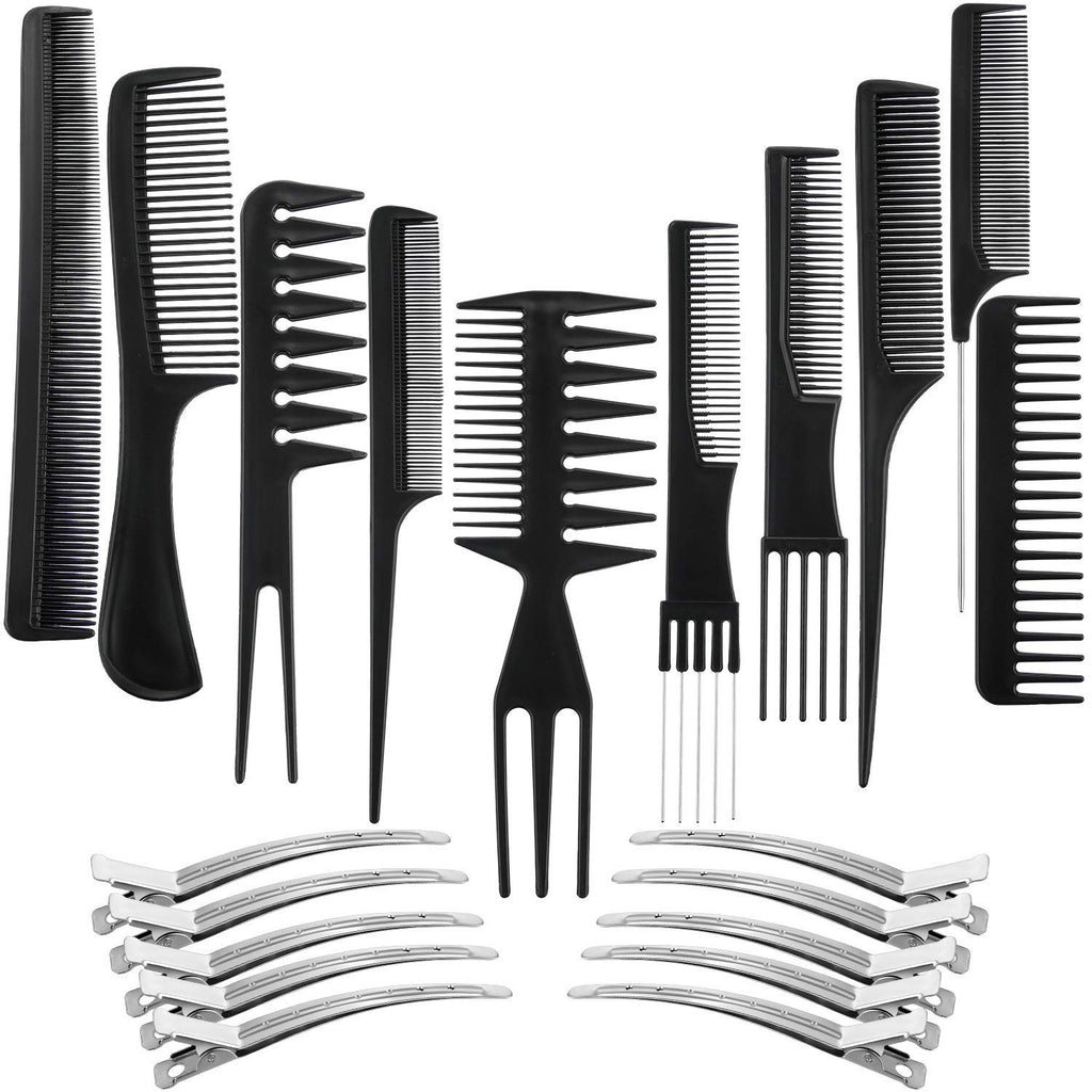 Professional 10 Pcs Hair Stylists Pro Styling Comb Set, With 12 Pack Salon Hair Styling Steel Silver Section Clips Duck Bill Clips, Hair Combs Styling Comb set, Hair Styling Comb with Silver Metal Clip for Women Men