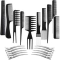 Professional 10 Pcs Hair Stylists Pro Styling Comb Set, With 12 Pack Salon Hair Styling Steel Silver Section Clips Duck Bill Clips, Hair Combs Styling Comb set, Hair Styling Comb with Silver Metal Clip for Women Men