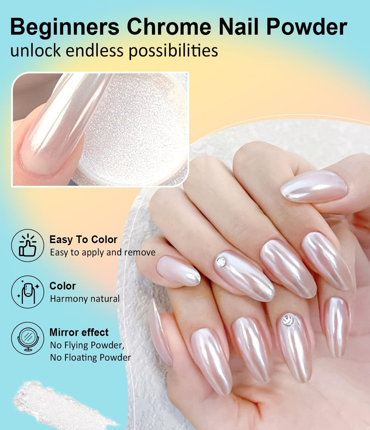 NAILWIND Chrome Nail Powder | Mirror Effect Chrome Powder for Nails Glitter Long Lasting | Pearl Aurora Mermaid Nail Powder | Holo Pigment Nail Art DIY Design Decorattion (WHITE, 4 PCS) - Image 3