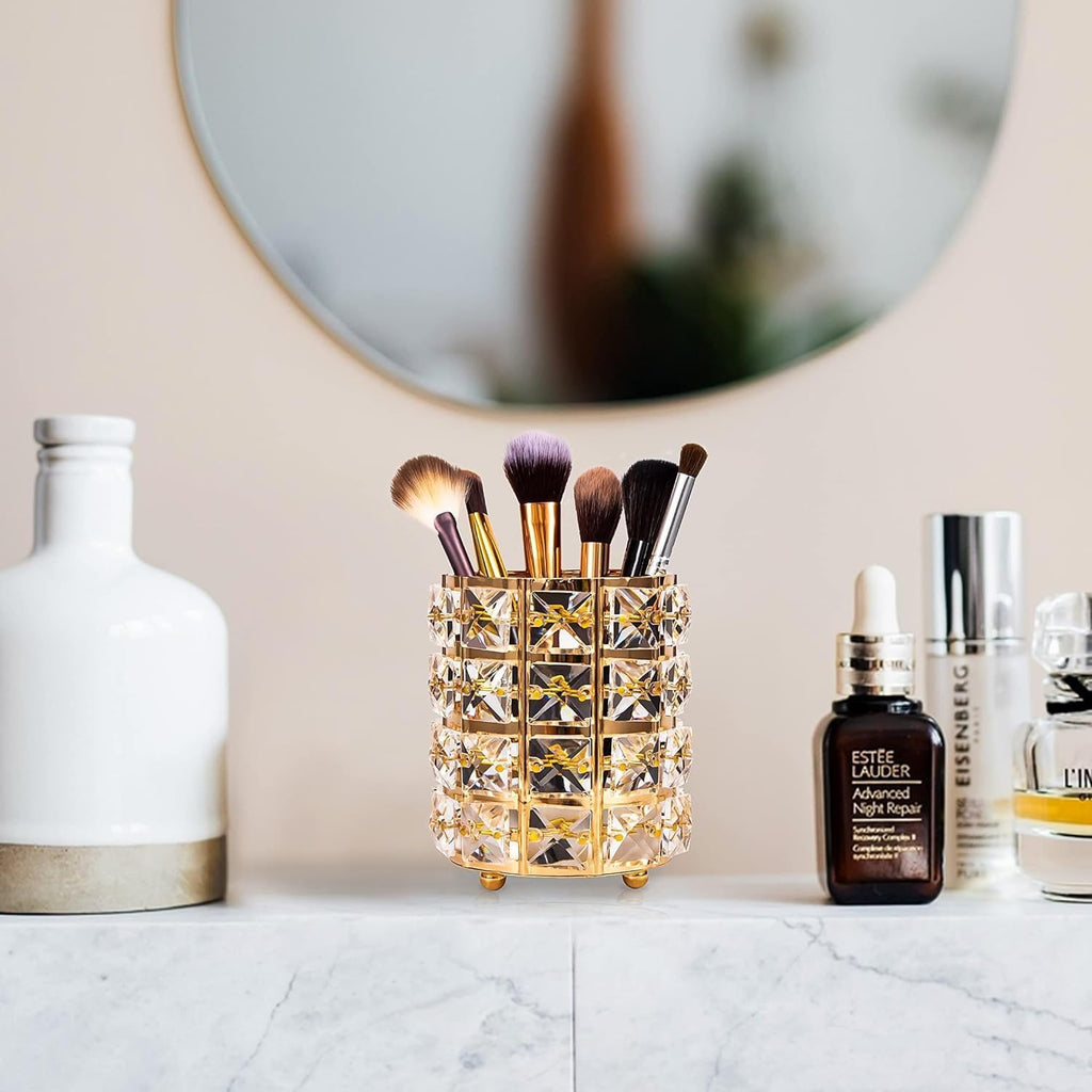 COSLUXE Professional 1 Pc Crystal Cosmetic Makeup Brush Storage Holder Organiser Lipstick Pen Storage Box Embellished Stand for Dressing Table Gold - Image 4