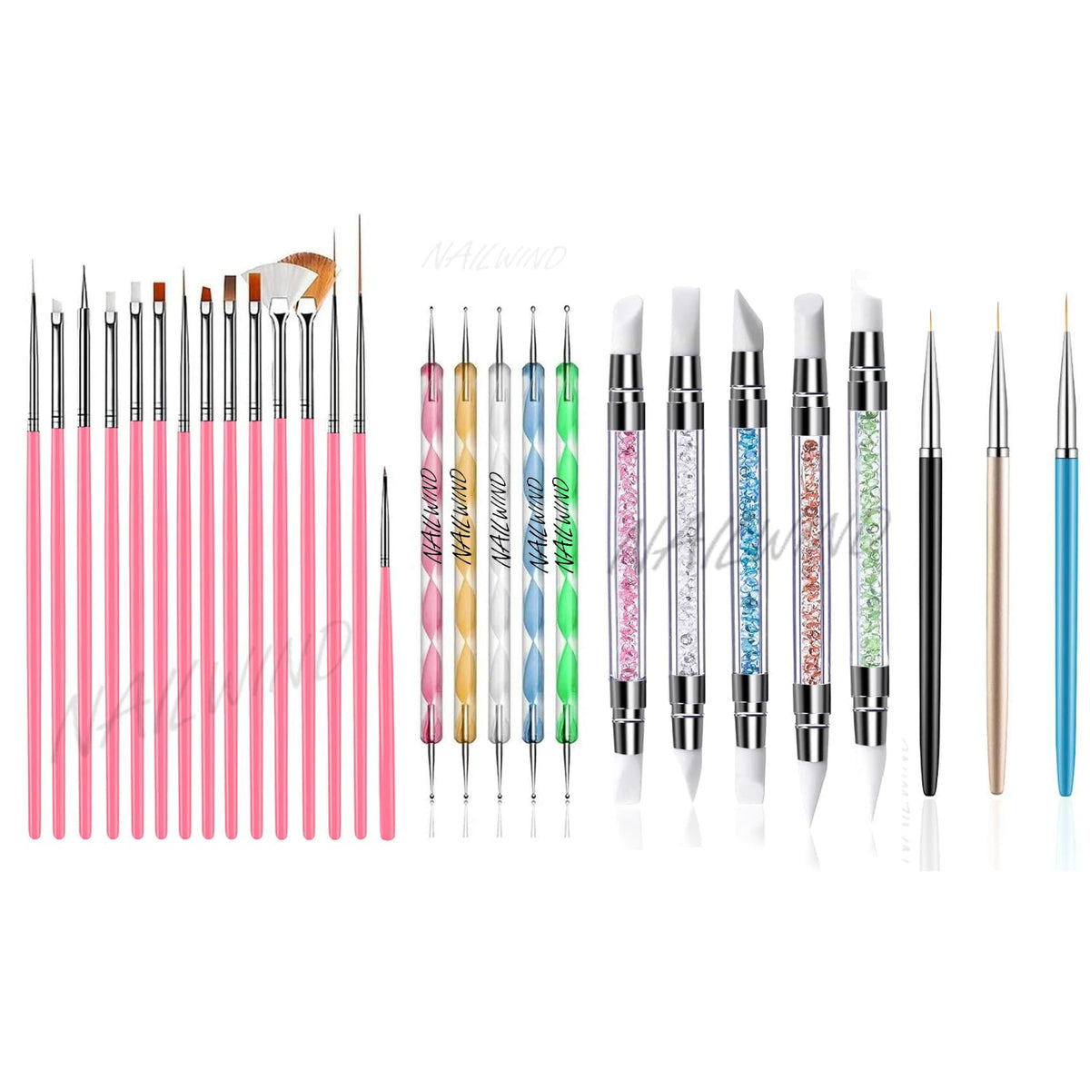 NAILWIND 28 pcs Nail Art Brush kit,15 pcs Nail Art Brushes Kit with 5 pcs Nail Dotting Pens, 3Pcs Nail Art Liner Brush, 5 Pcs Silicone Nail Art Sculpture Pen, Dual Tipped Silicone Rhinestone Nail Polish Carving Pen, Multicolored