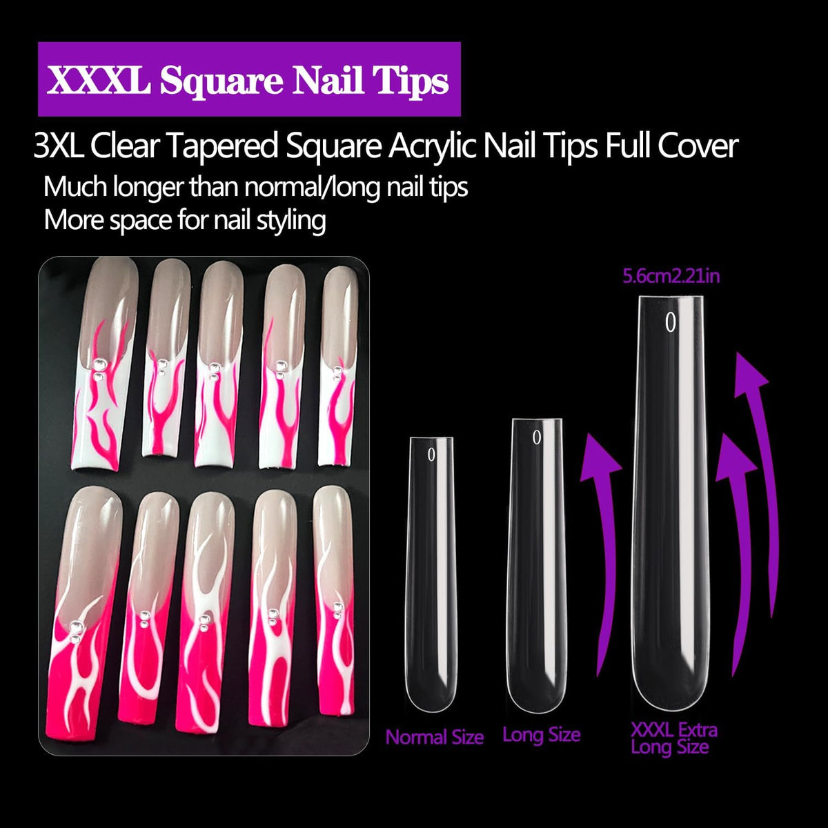 NAILWIND 3XL Square Nail Tips, 240PCS Clear Full Cover Artificial False Nails Tips, Extra Long Square No 3 C Curve Acrylic Nail Tips, XXXL Tapered Squares Fake Nails for Salons Home DIY Nail Art 12 Sizes - Image 2