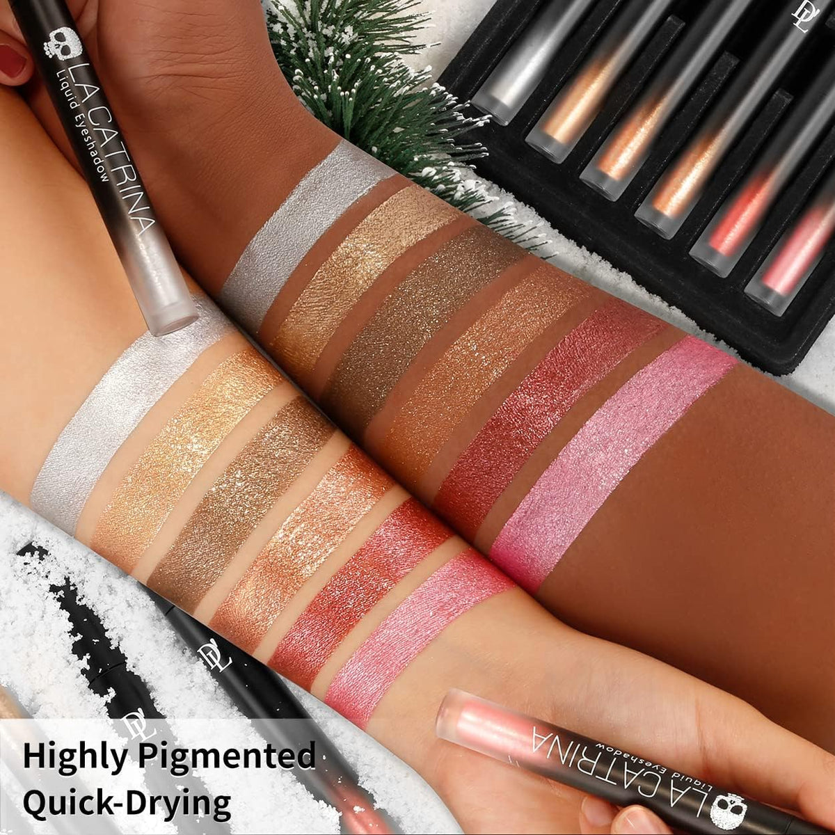 COSLUXE X DELANCI Liquid Glitter Eyeshadow Eye Makeup Set,Quick-Drying High Pigmented Liquid Eyeshadow Glitter Shimmer Metallic Stick,Long Lasting Gold Silver Pink Red Natural Brown Nude 6 Color - Image 4