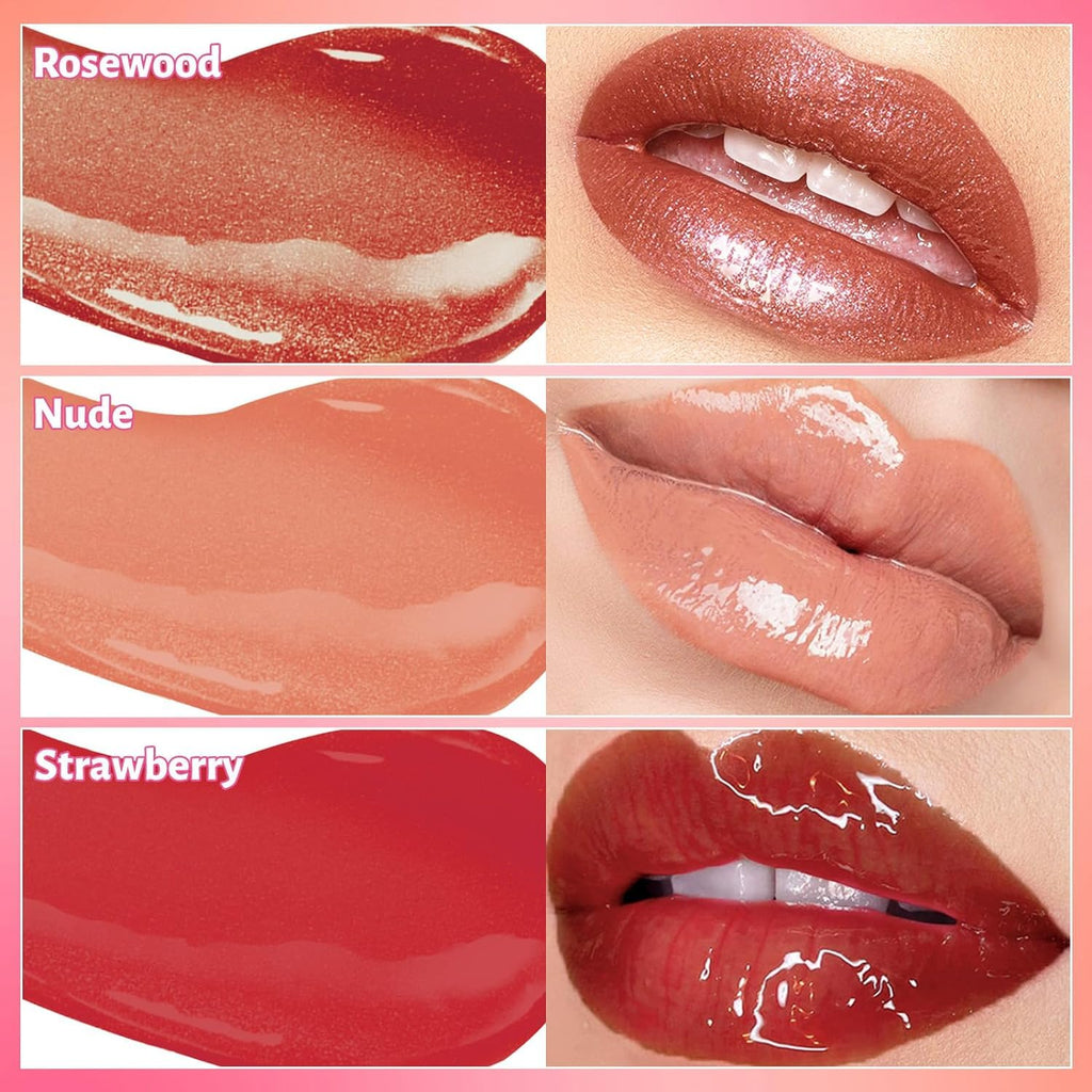 COSLUXE UCANBE 3 Color Hydrating Lip Glow Oil - Natural Plumping Lip Oil,Luxurious Non-Sticky Mositurizing Lip Top Gloss for All-Day Wear and Comfort (04- Rosewood/Nude/Strawberry) - Image 2