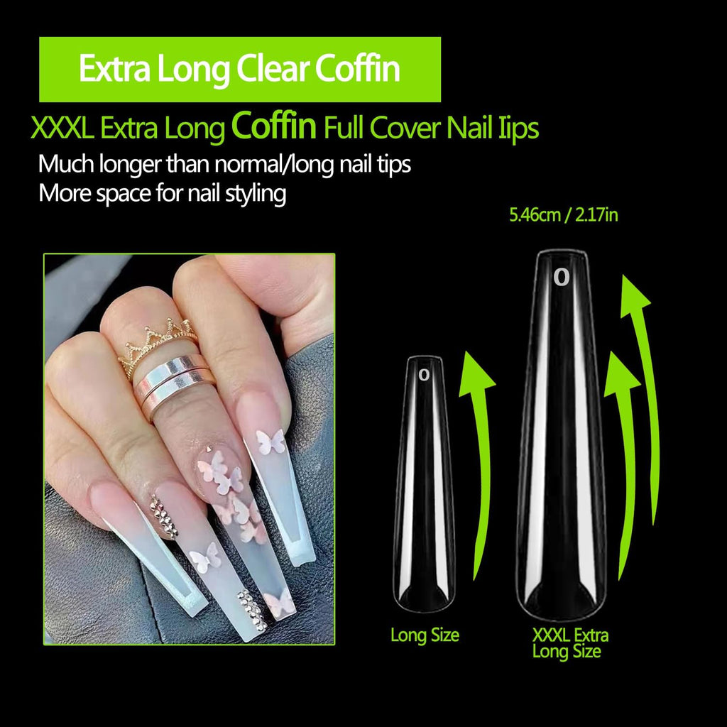 NAILWIND 240PCS Full Cover Long Coffin Nail Tips, 3XL Long Coffin Ballerina Nails Tips Extra Longs Coffins Press On Nail No 5 C Curve, Clear Coffins Ballerina Nails Tip for Acrylic Nail Tips Professional,12 Sizes - Image 2