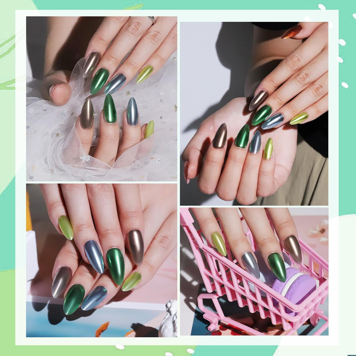 NAILWIND 6 Colors Chrome Nail Powder Set,Metallic Mirror Effect Nail Art Powder,Holographic Pigment Glitter Dust for Gel Polish Manicure Decoration with 6 Eyeshadow Sticks (01) - Image 5