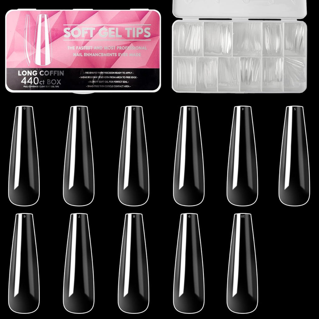 NAILWINd Nail Tips,soft Gel Full Cover Nails, Clear Acrylic Nail Tips Artificial False Nails with Box Fake Nail Extension for Salons DIY Nails Art Long - coffin, 440ct - Image 3