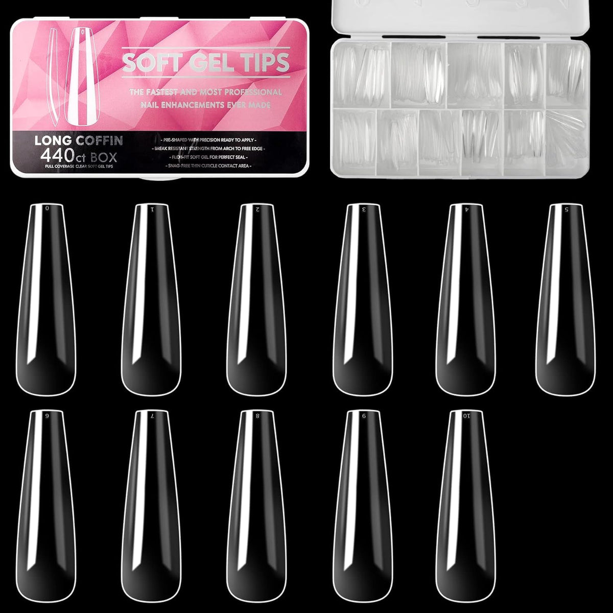 NAILWINd Nail Tips,soft Gel Full Cover Nails, Clear Acrylic Nail Tips Artificial False Nails with Box Fake Nail Extension for Salons DIY Nails Art Long - coffin, 440ct - Image 3