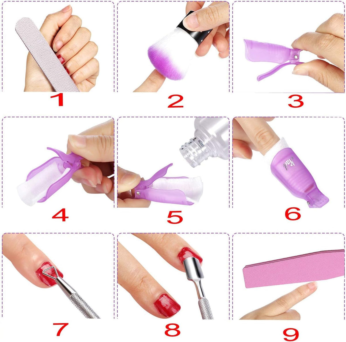 NAILWIND Nail Polish Gel Remover Tools Kit - 500 Nail Remover Cotton Pad,10 Pcs Soak Off Cap Clip,1 Nail File,1 Pcs Press Bottle, Nail Brush, Cuticle Pusher Tools Kit - Image 6