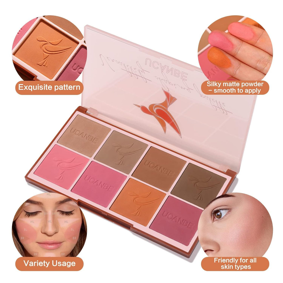 UCANBE 8 Color Blush Makeup Palette - Versatility Face Shaping, Pigmented Matte Smooth Natural Long Lasting Powder Bronzer Blushing Palette - Image 4